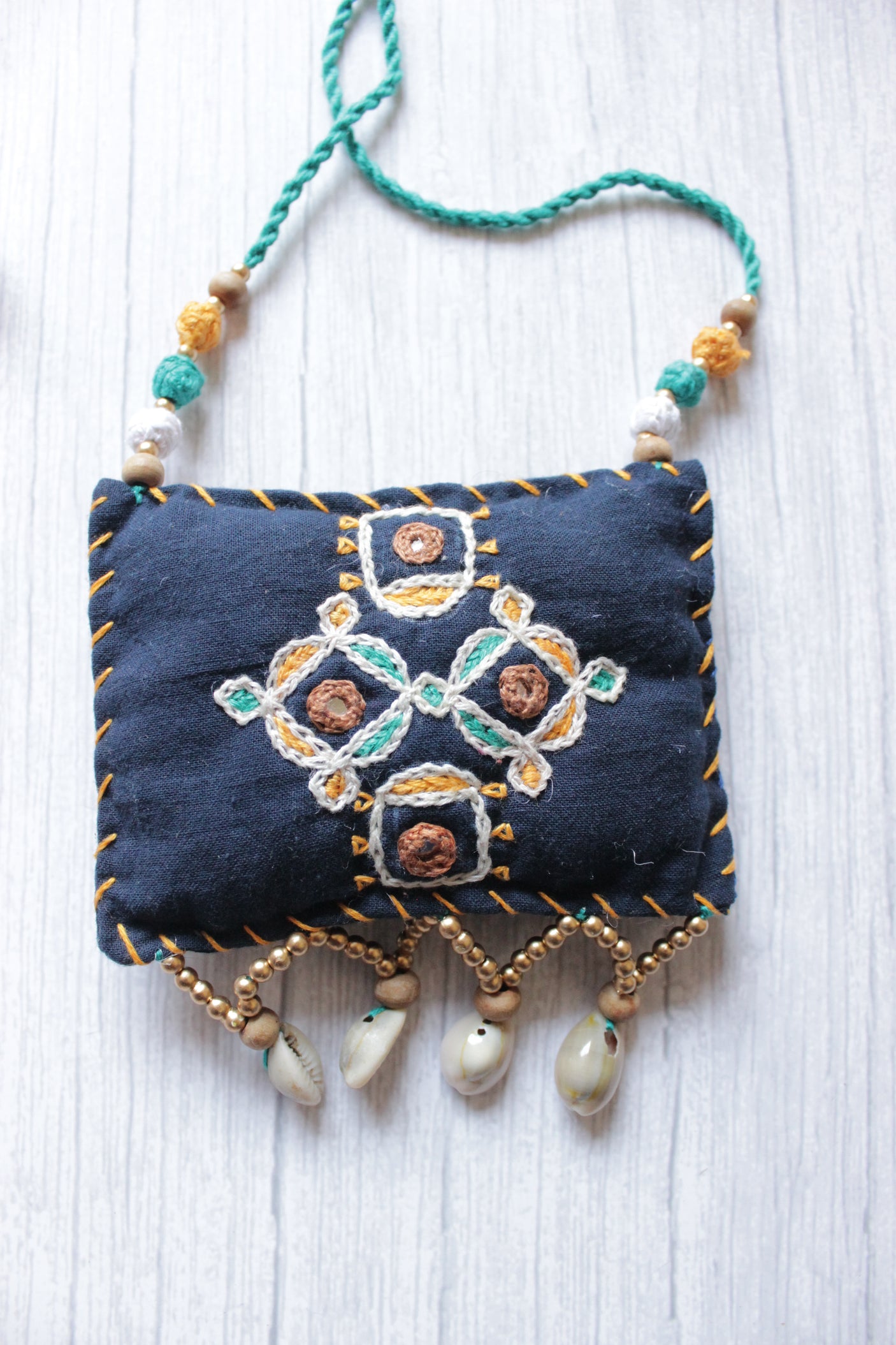 Black Cross-Stitch Handcrafted Rope Closure Handcrafted Fabric Necklace