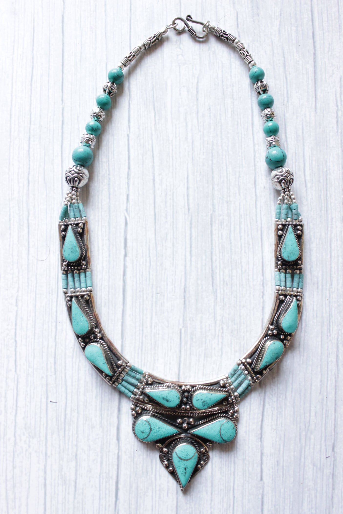 Vintage Turquoise Gemstone Silver Finish Tibetan Necklace