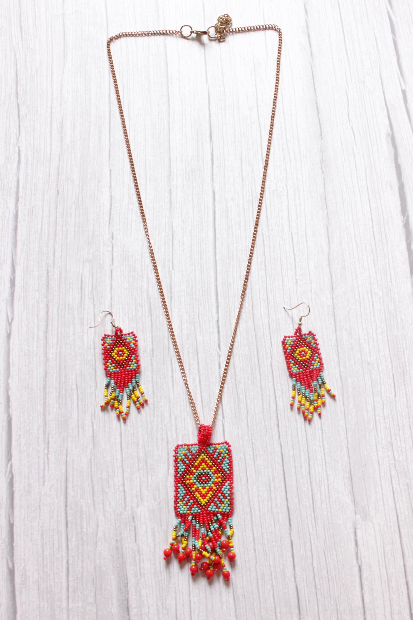 Red, Turquoise and Yellow Handcrafted Beaded Necklace Set