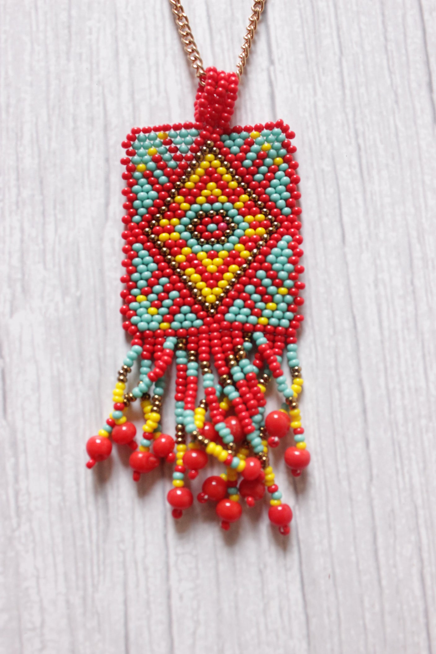 Red, Turquoise and Yellow Handcrafted Beaded Necklace Set