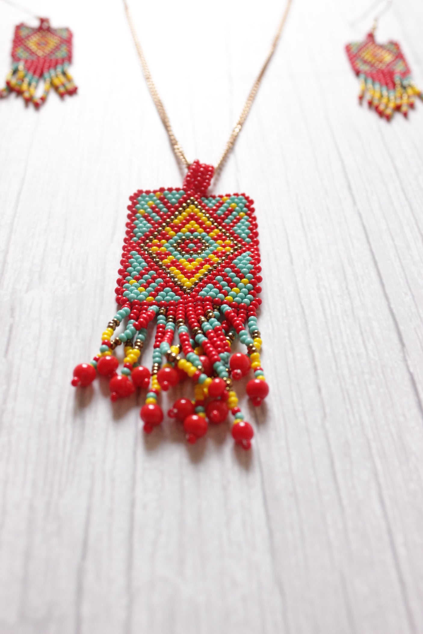 Red, Turquoise and Yellow Handcrafted Beaded Necklace Set