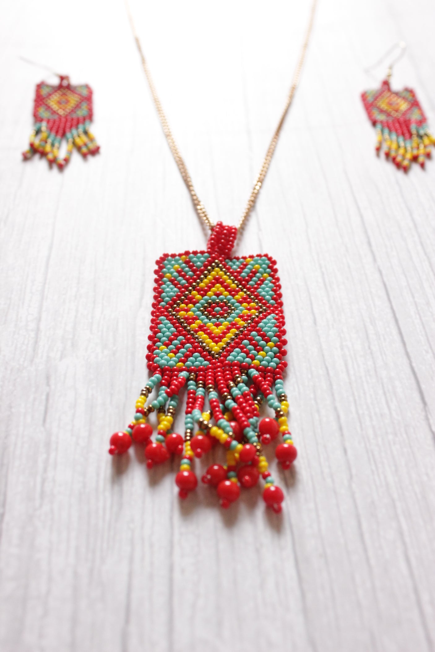 Red, Turquoise and Yellow Handcrafted Beaded Necklace Set