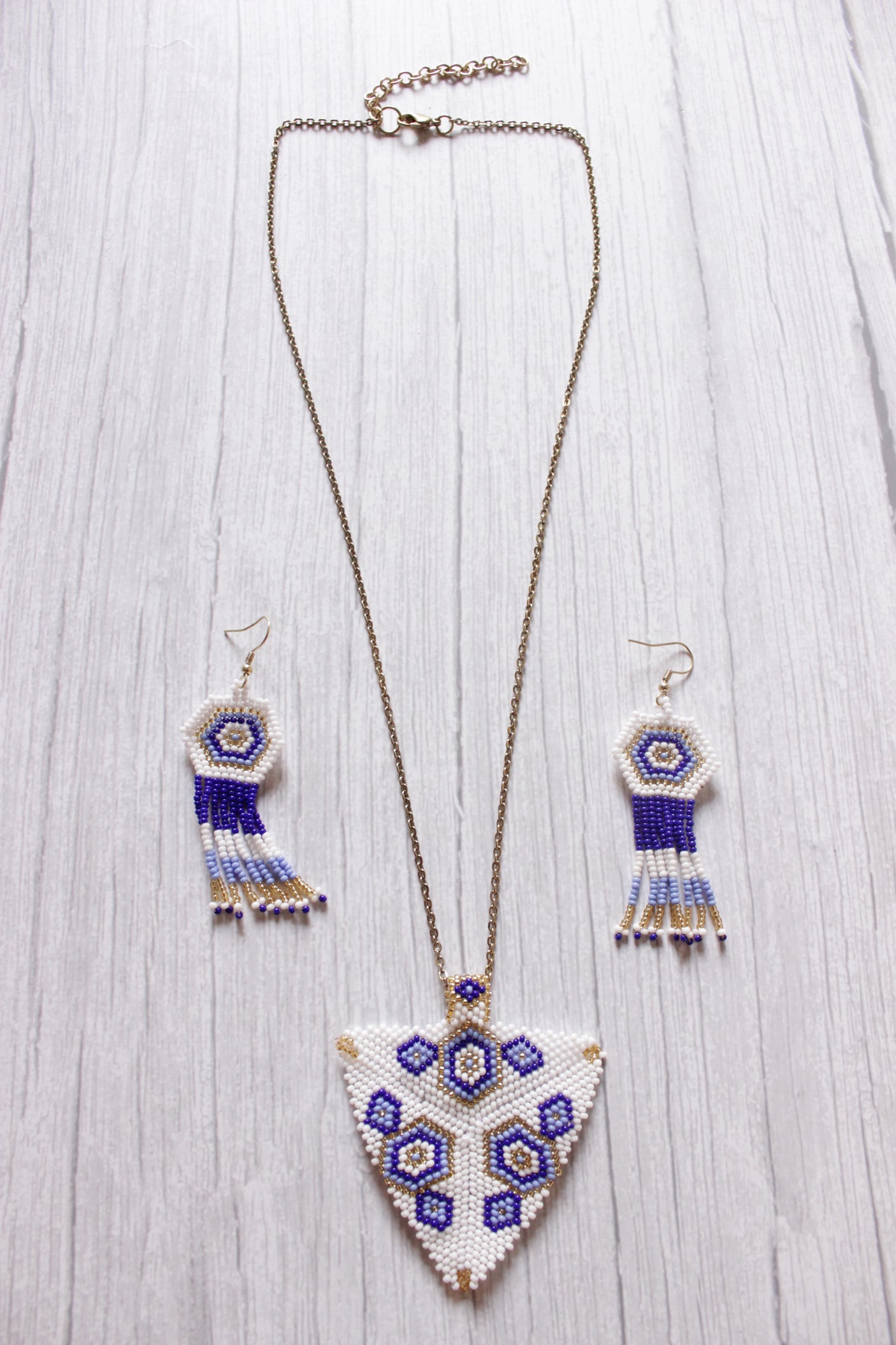 White and Shades of Blue Handcrafted Beaded Necklace Set with Dangler Earrings