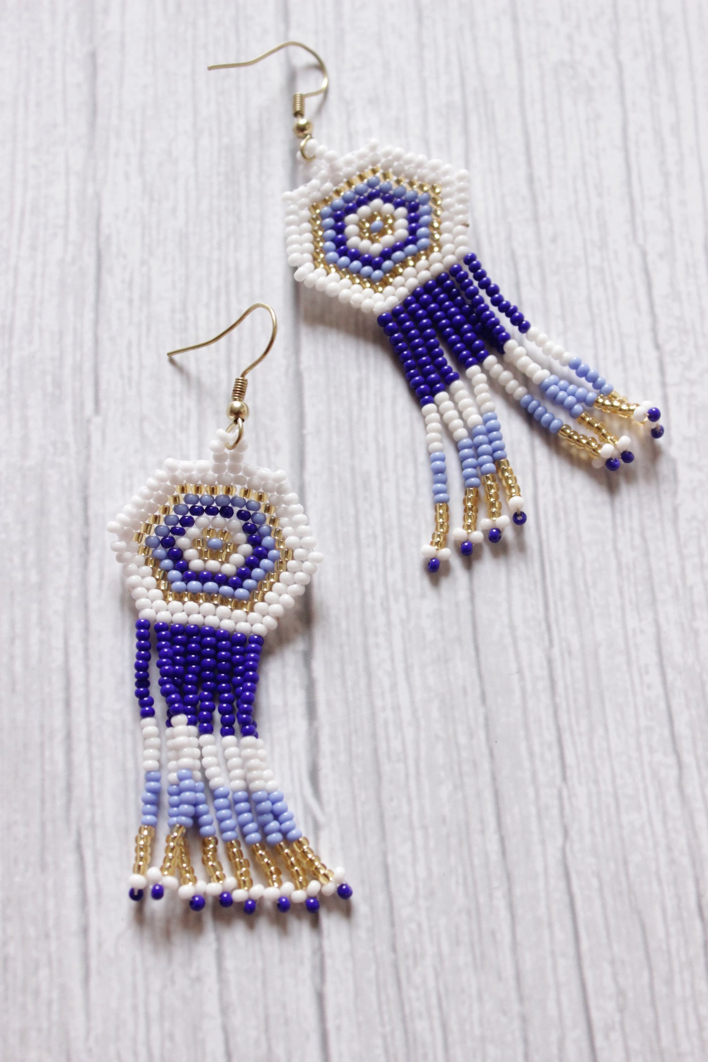 White and Shades of Blue Handcrafted Beaded Necklace Set with Dangler Earrings