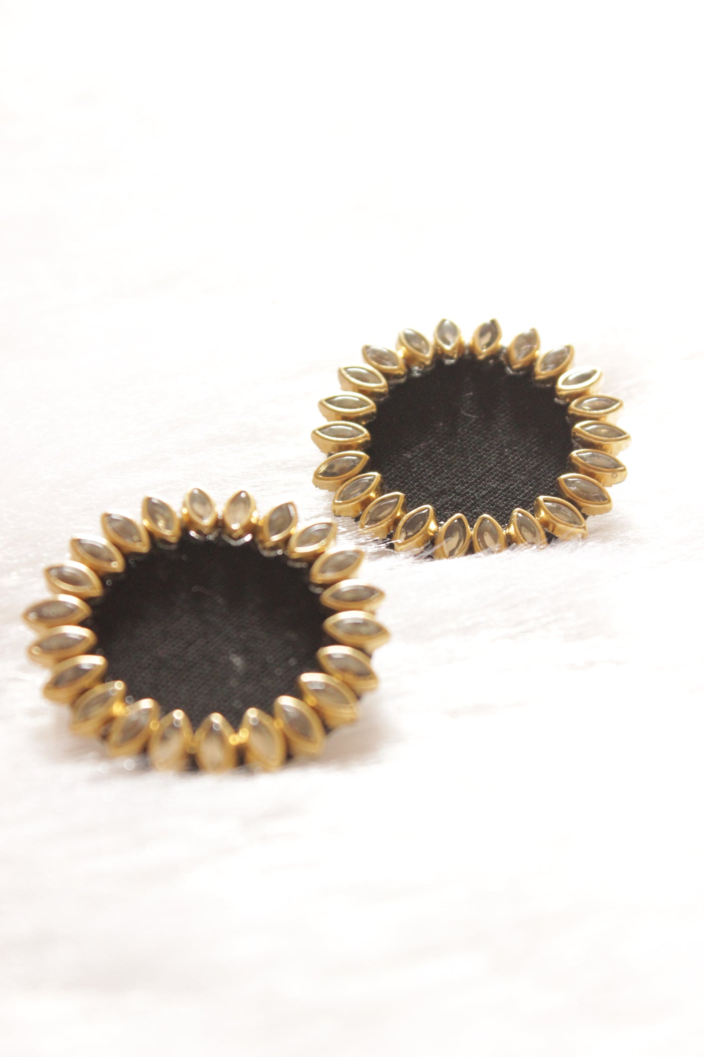 Kundan Stones Embellished Black Fabric Gold Toned Stud Earrings