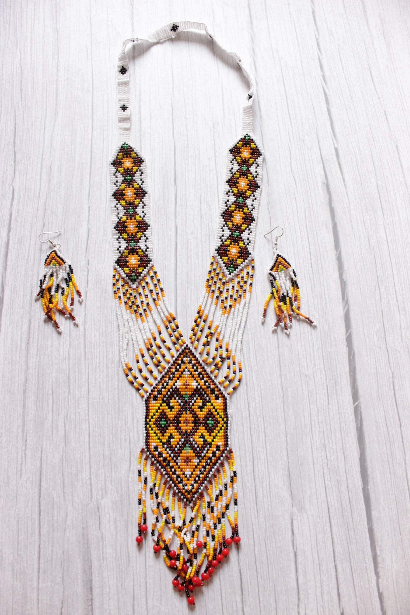 Shades of Yellow & Brown Handcrafted Beaded Necklace Set with Dangler Earrings