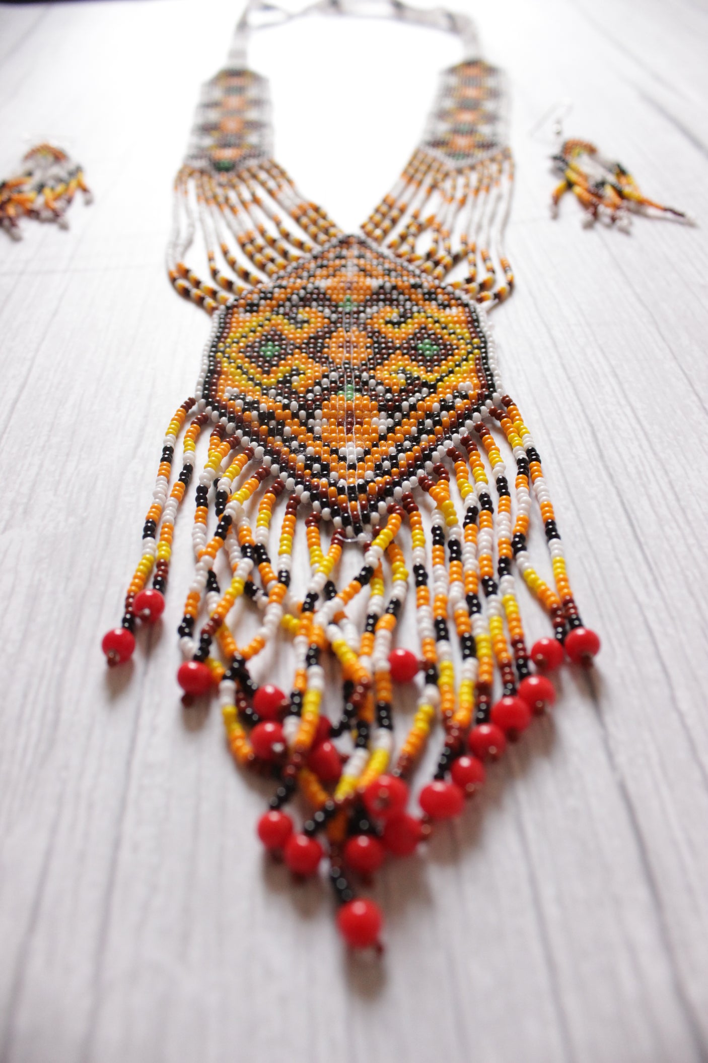 Shades of Yellow & Brown Handcrafted Beaded Necklace Set with Dangler Earrings
