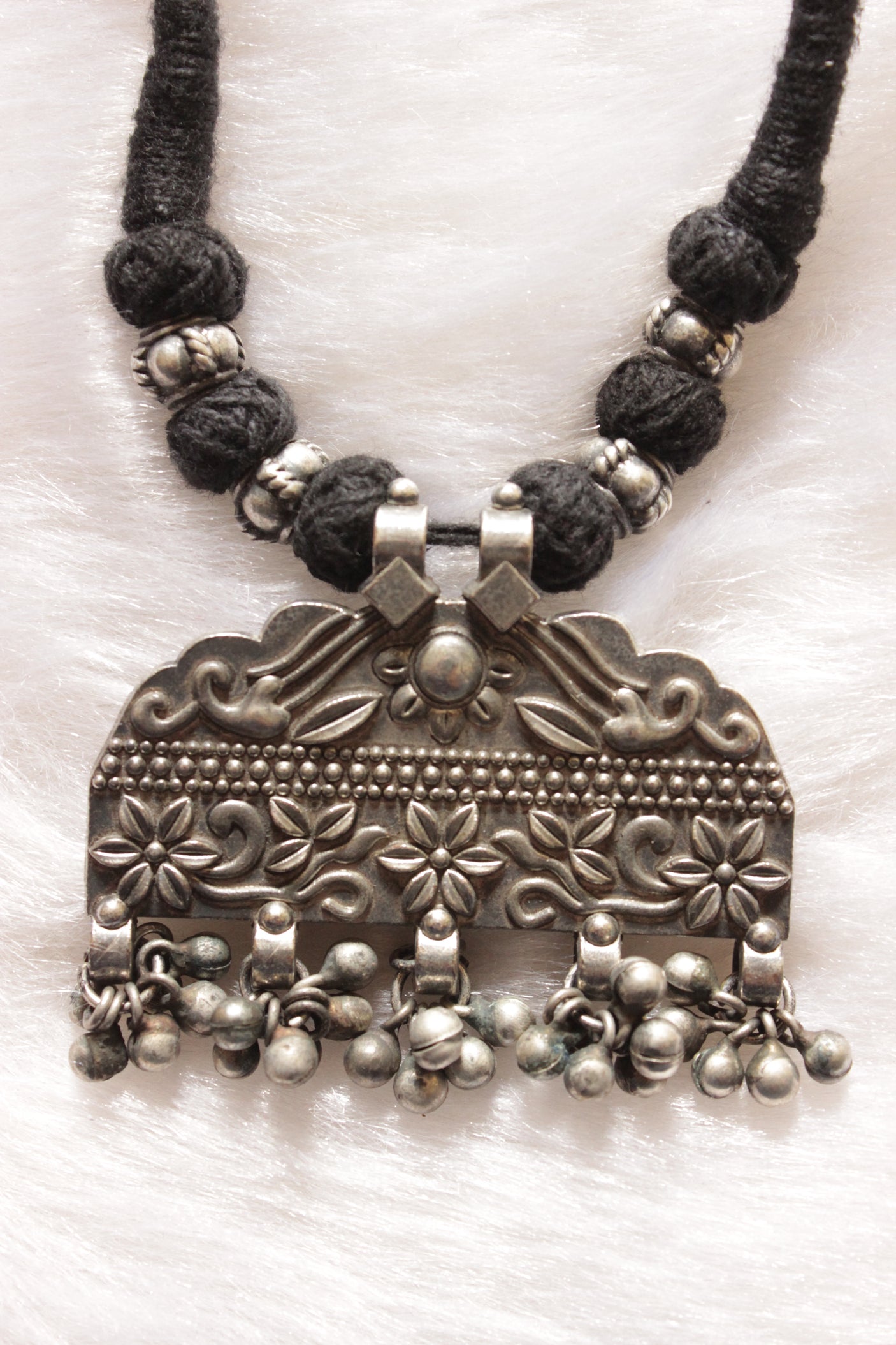 Flower Motifs Detailed Thread Closure Premium Oxidised Finish Brass Necklace