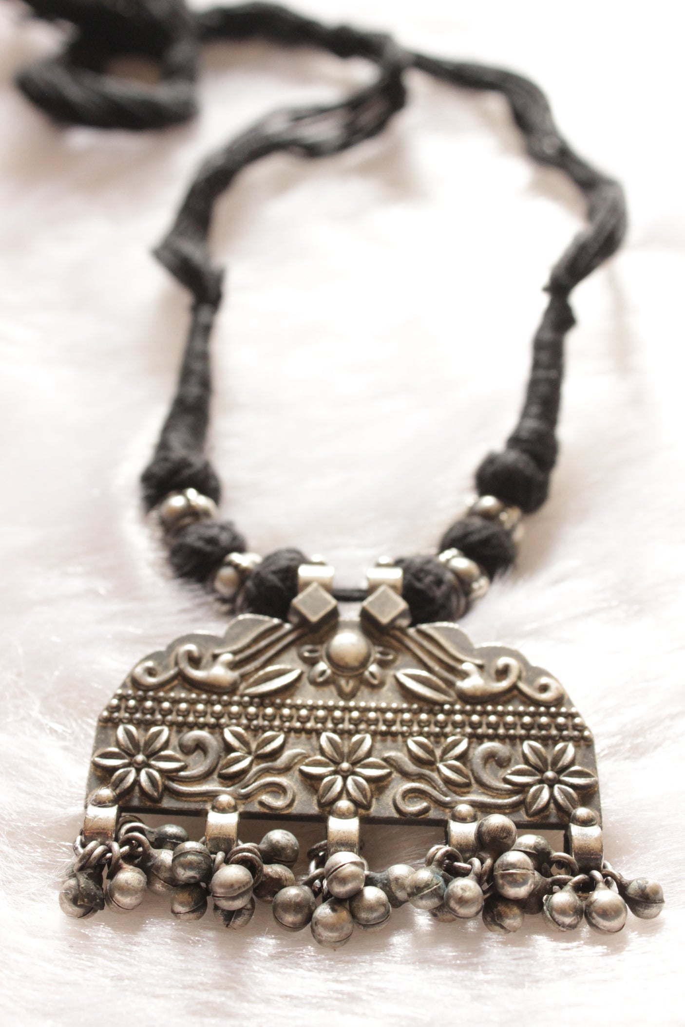 Flower Motifs Detailed Thread Closure Premium Oxidised Finish Brass Necklace