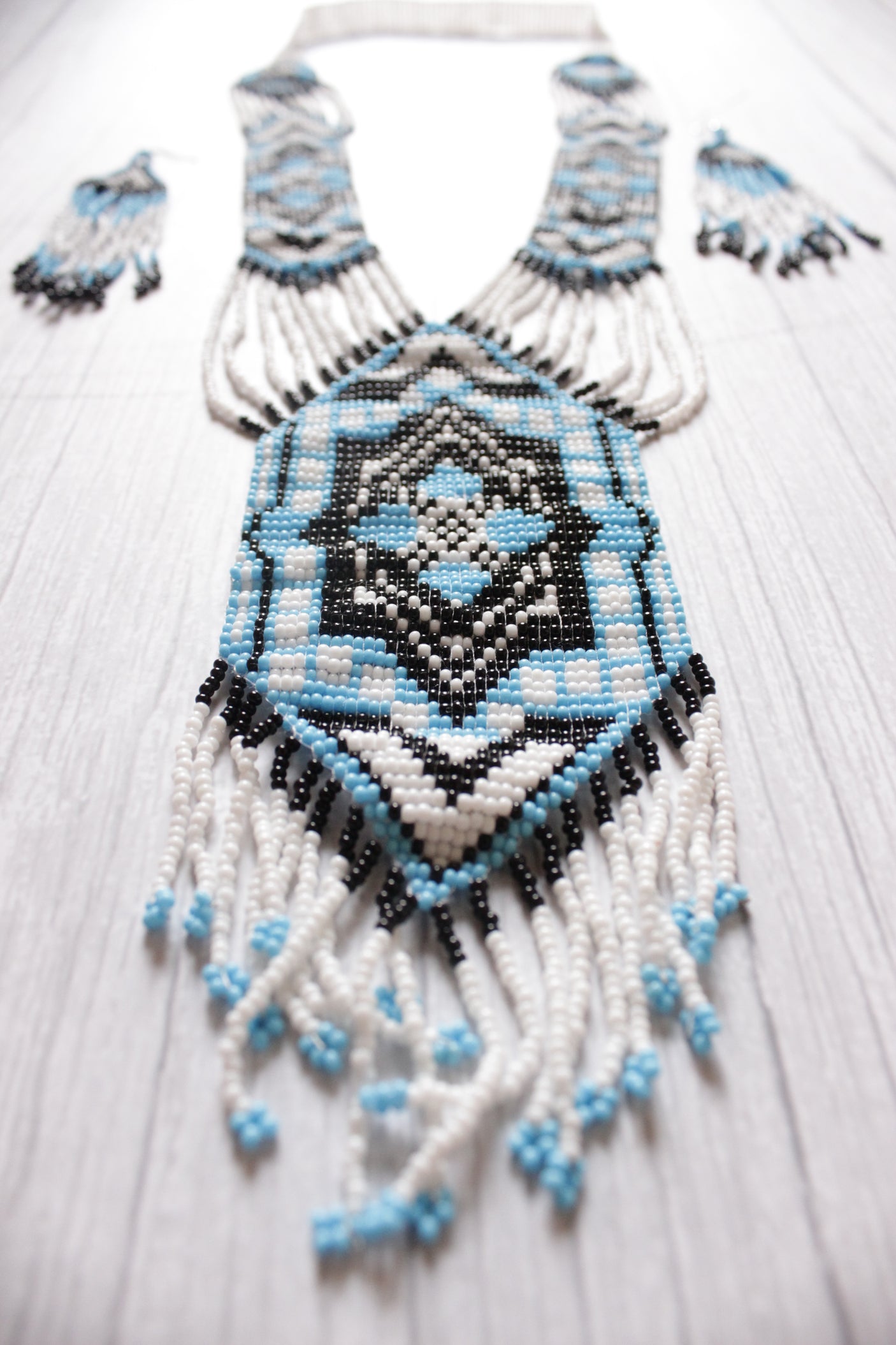 Shades of Blue & Monochrome Handcrafted Beaded Necklace Set with Dangler Earrings