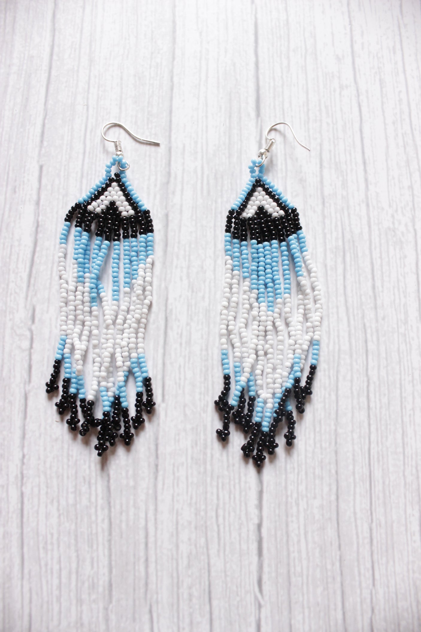 Shades of Blue & Monochrome Handcrafted Beaded Necklace Set with Dangler Earrings