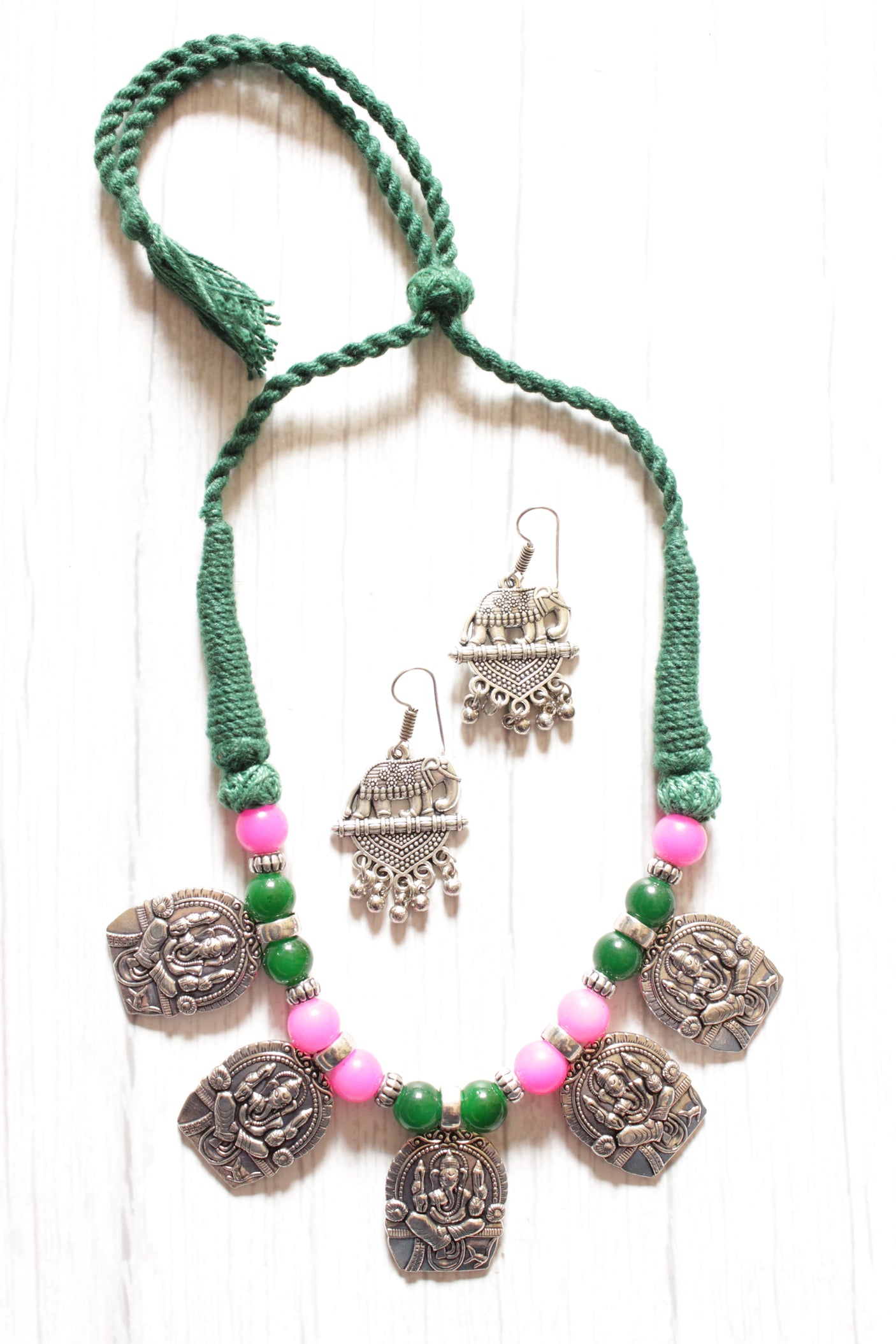 Hand Braided Pink & Green Acrylic Beads Intertwined with Elaborate Ganesha Motif Charms Necklace Set