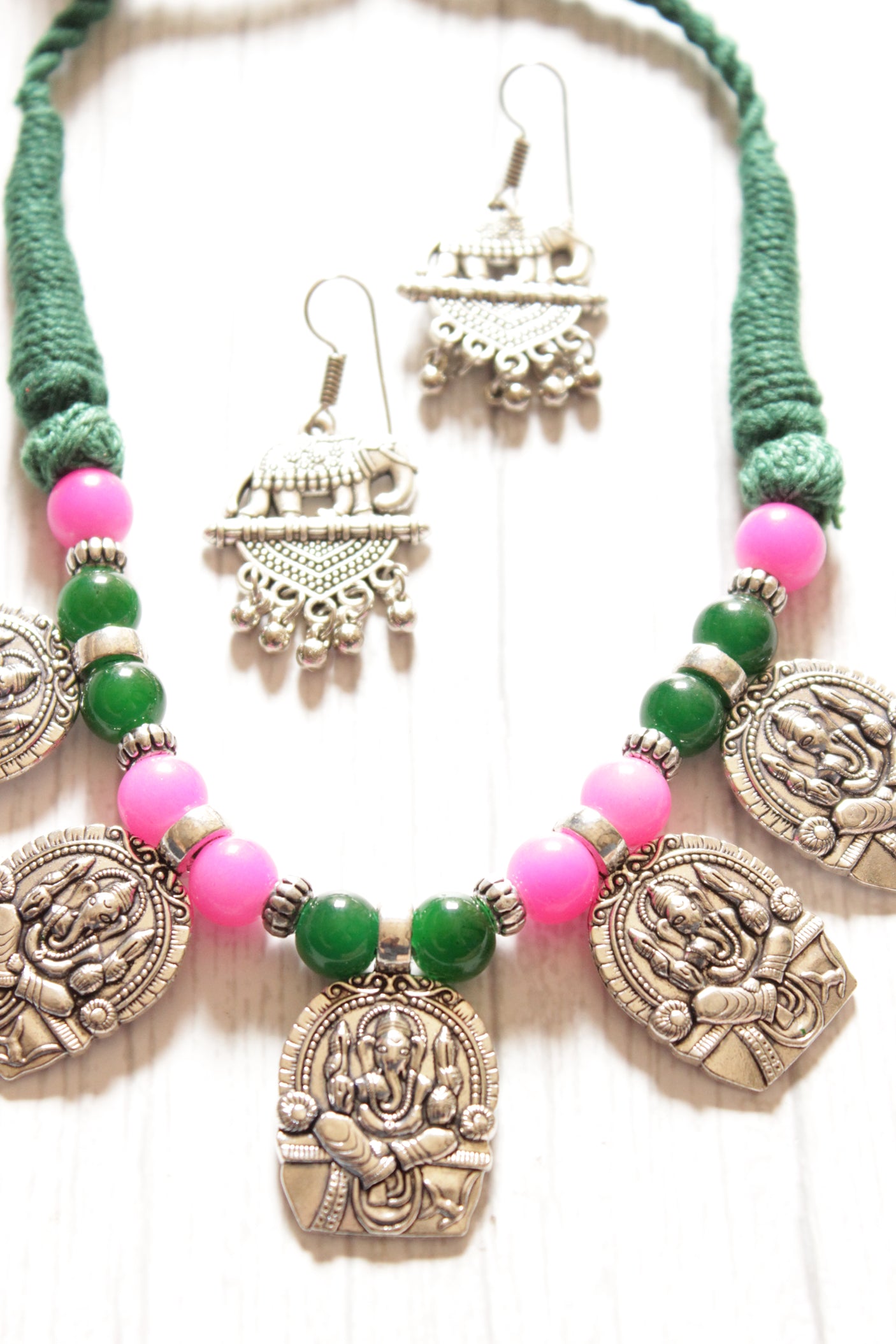 Hand Braided Pink & Green Acrylic Beads Intertwined with Elaborate Ganesha Motif Charms Necklace Set