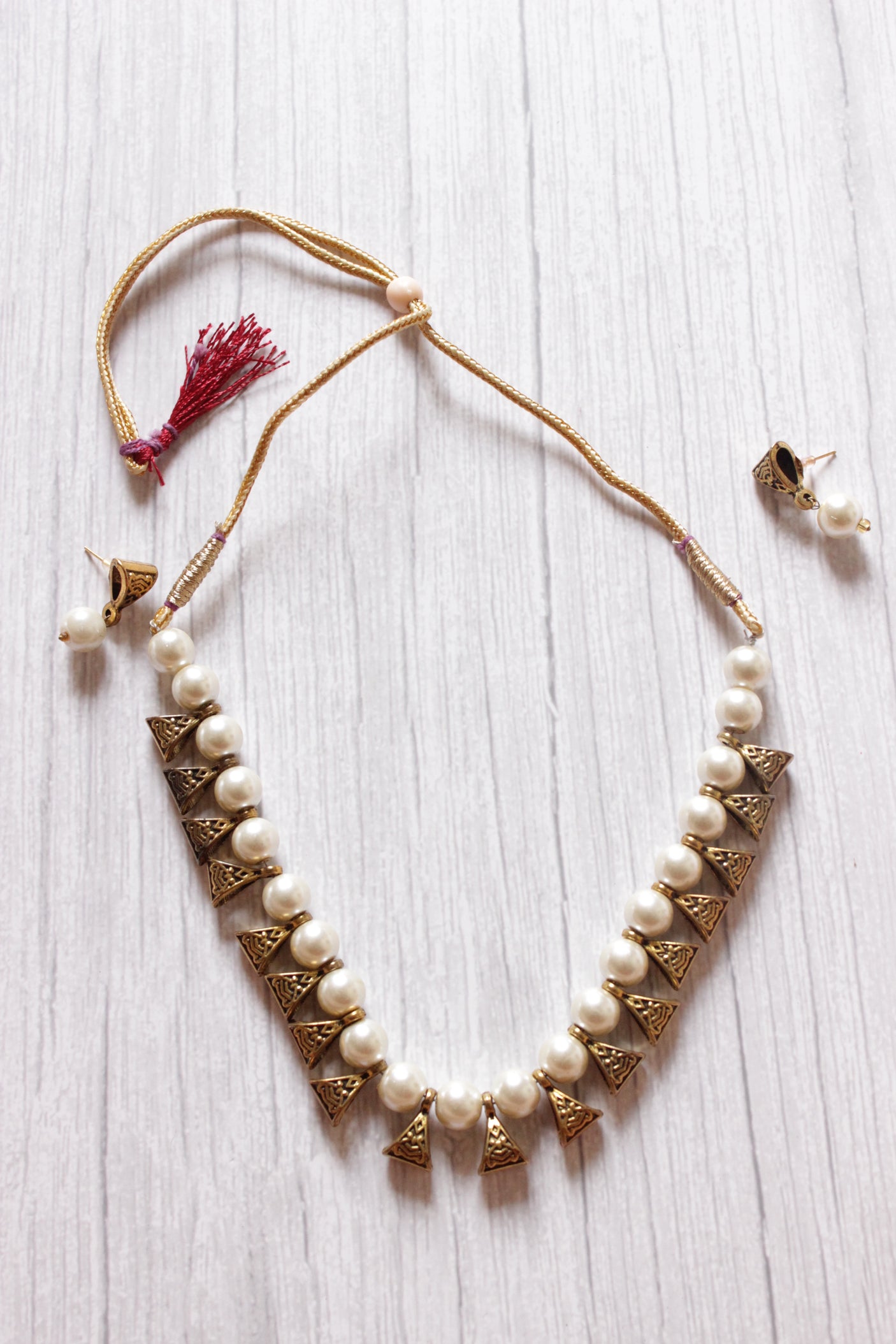 Gold-Toned White Pearl Choker Necklace Set