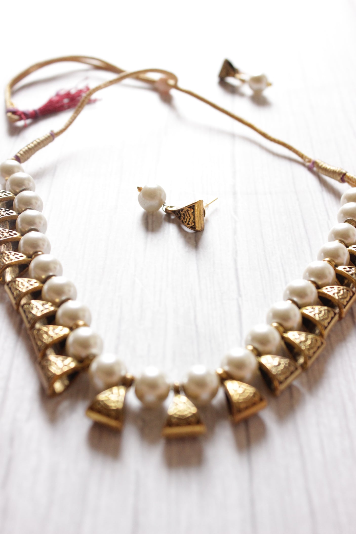 Gold-Toned White Pearl Choker Necklace Set