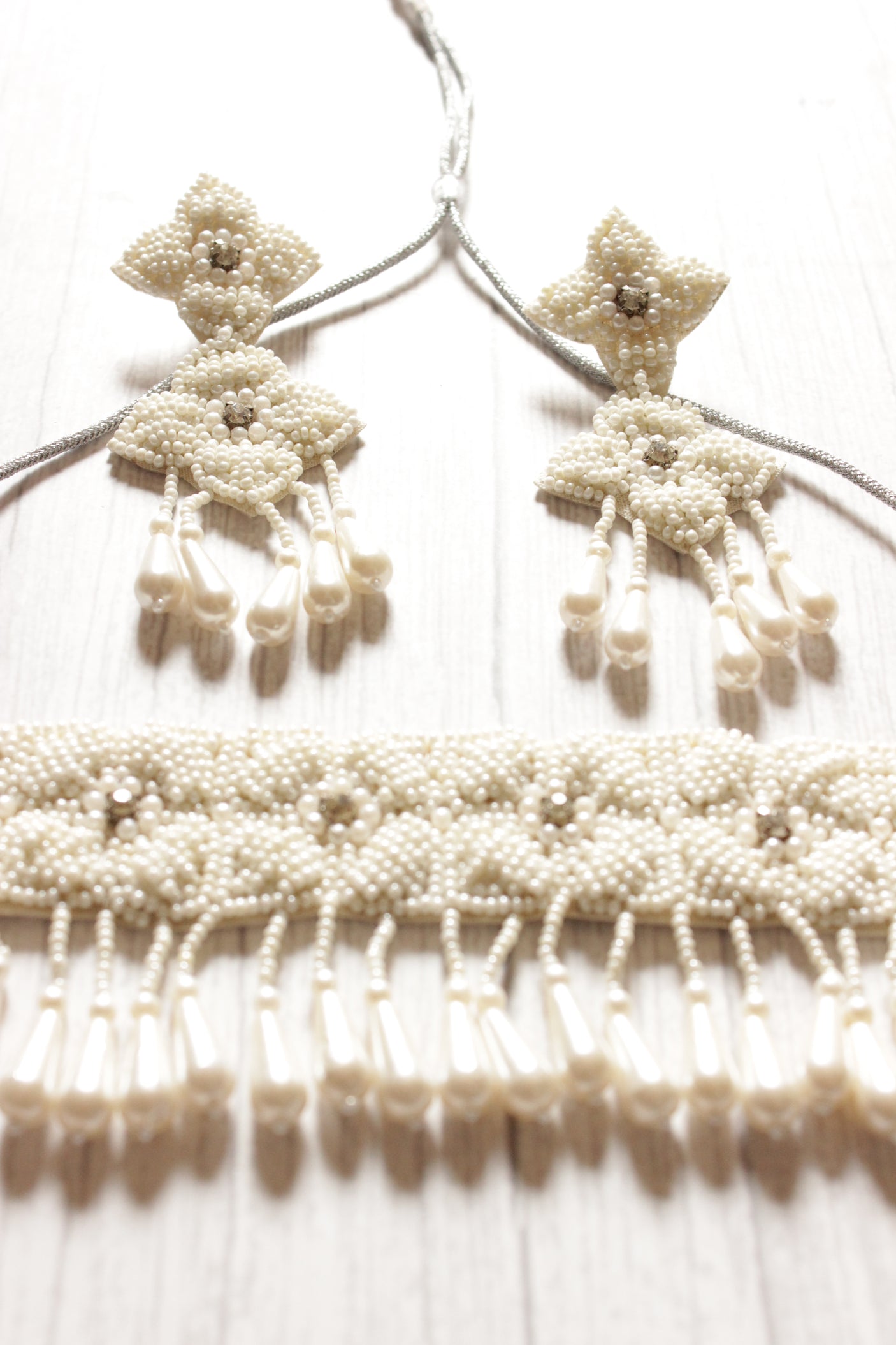 White Beaded Exclusive Choker Necklace Set with 2 Layer Dangler Earrings