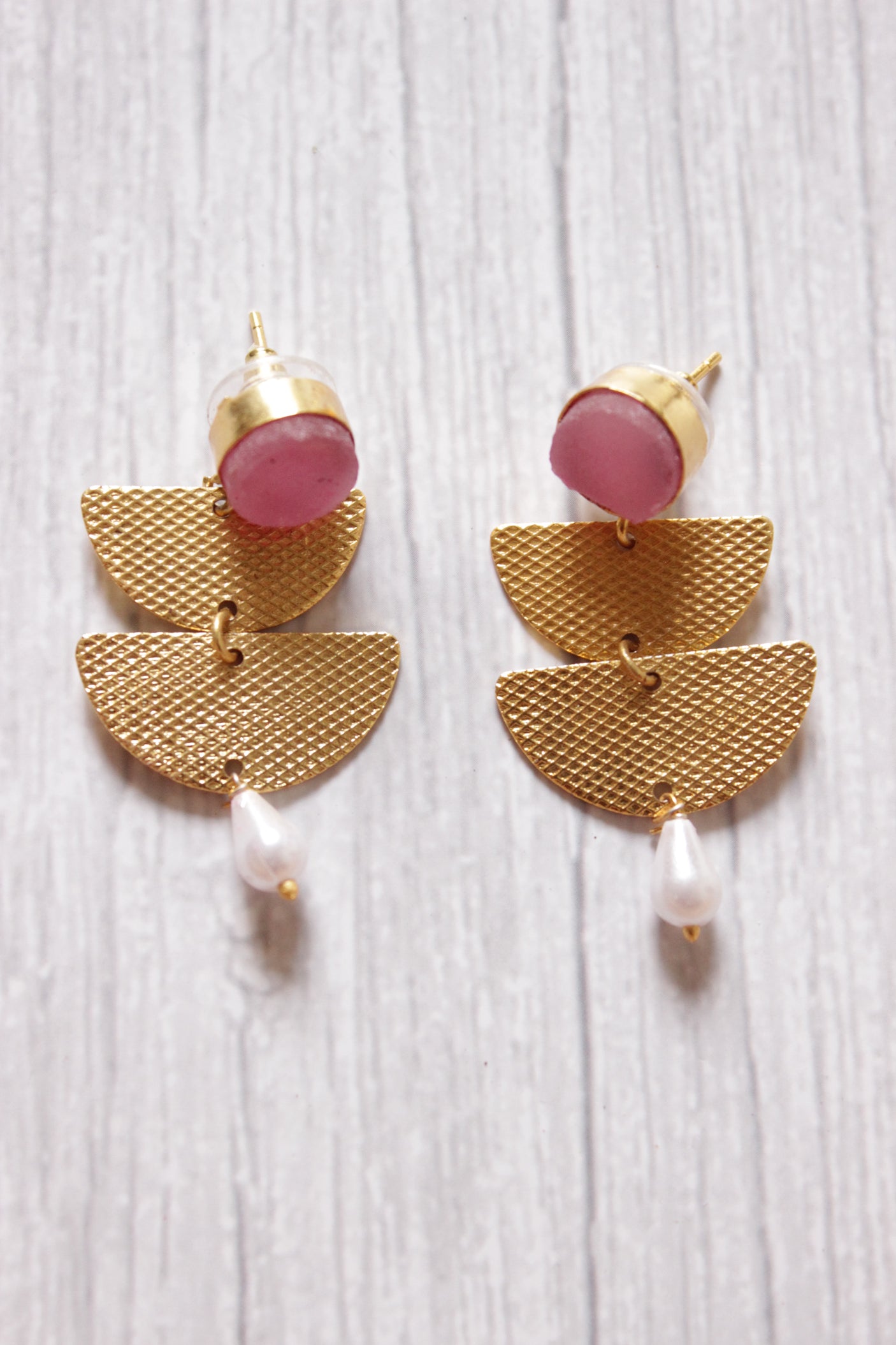 Pink Natural Stone Embedded Brass Dangler Earrings