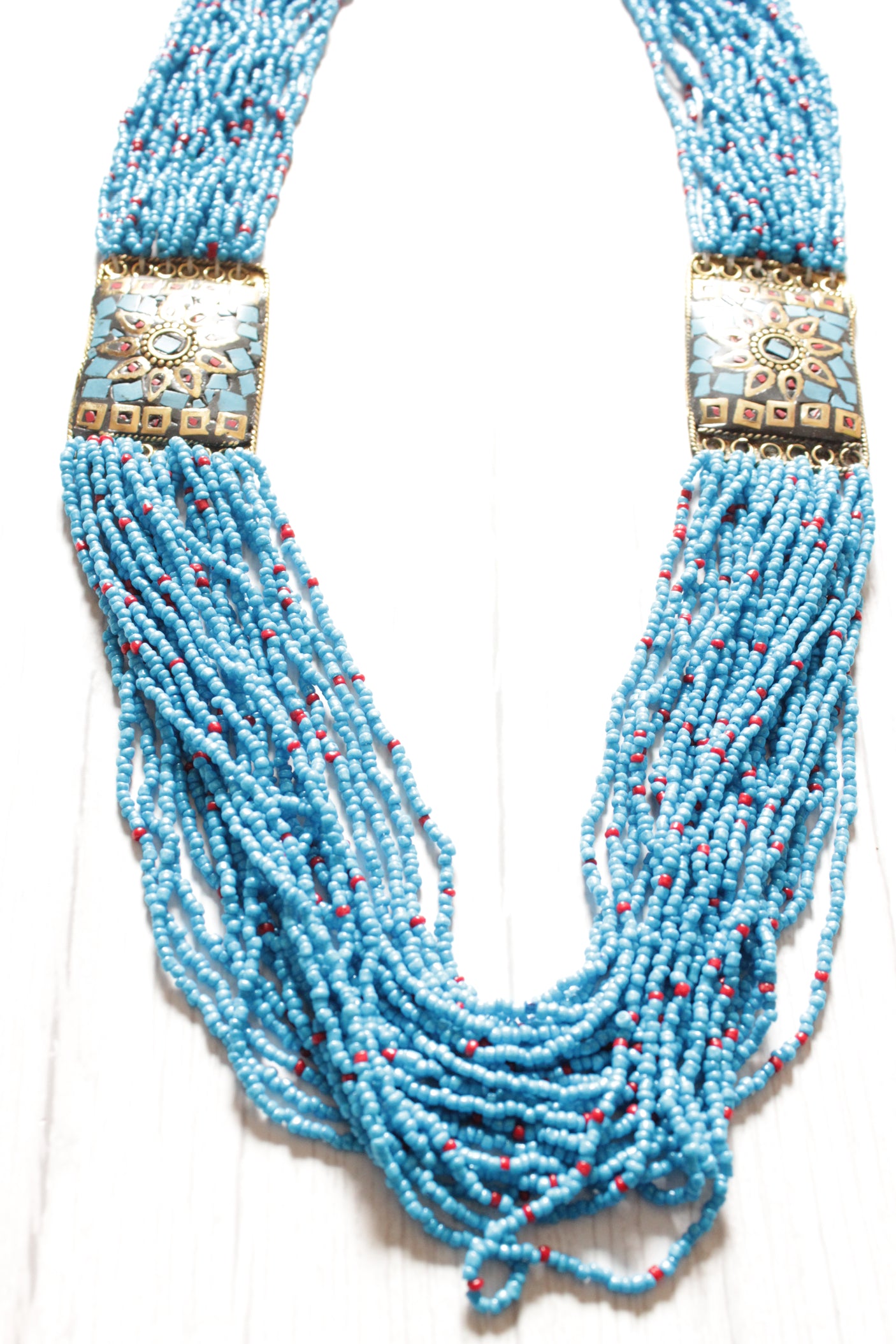 Sky Blue Beads Intertwined with Red Multi-Layer Beaded Tibetan Necklace