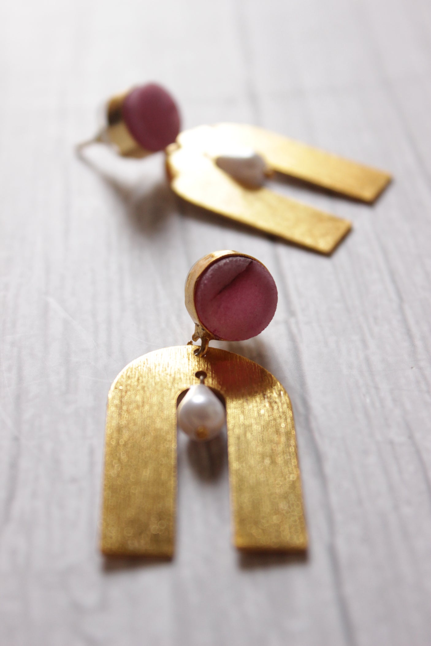 Pink Natural Stone Embedded Horse Shoe Brass Dangler Earrings