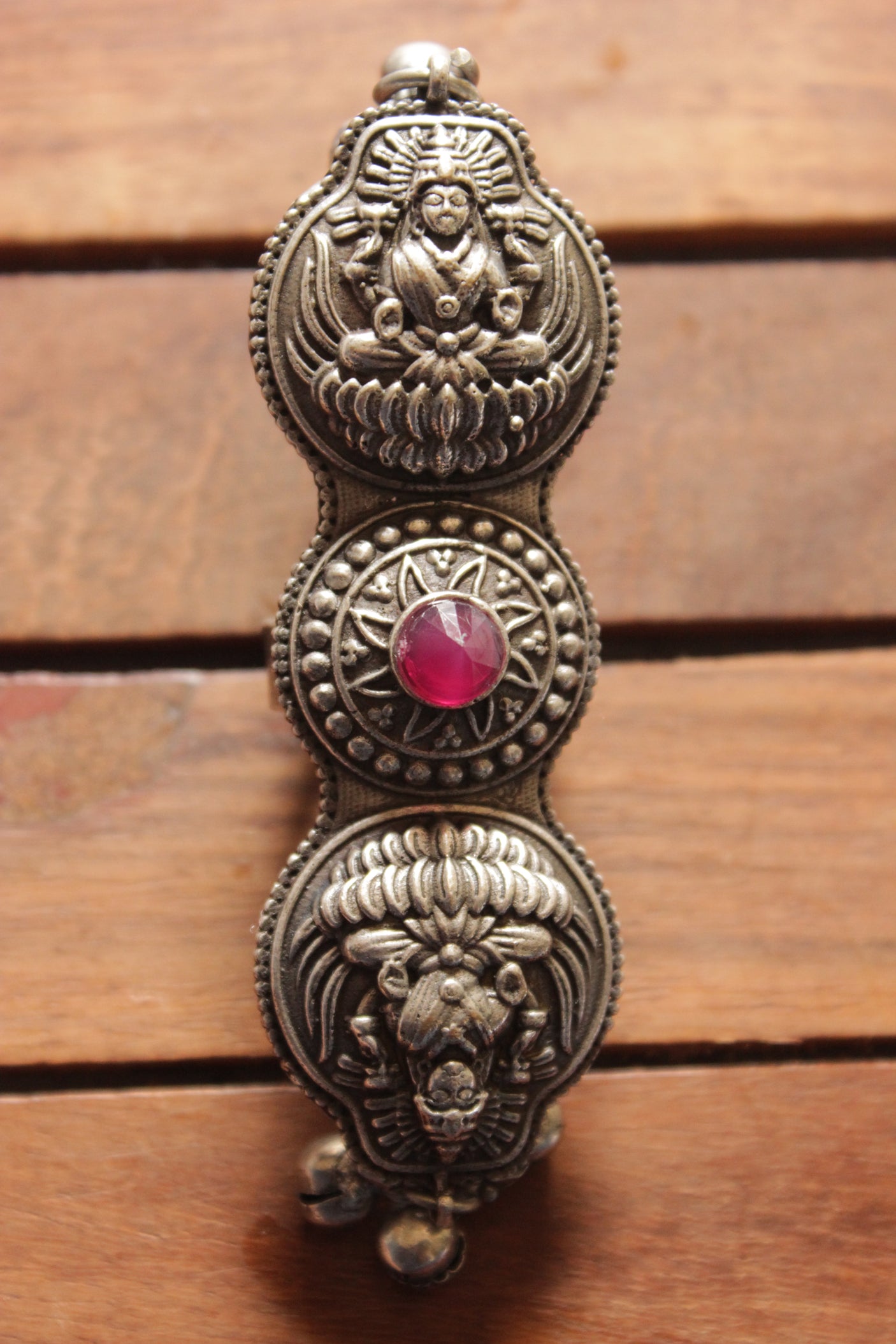 Goddess Lakshmi Motif Pink Center Stone 3 Finger Oxidised Finish Ring