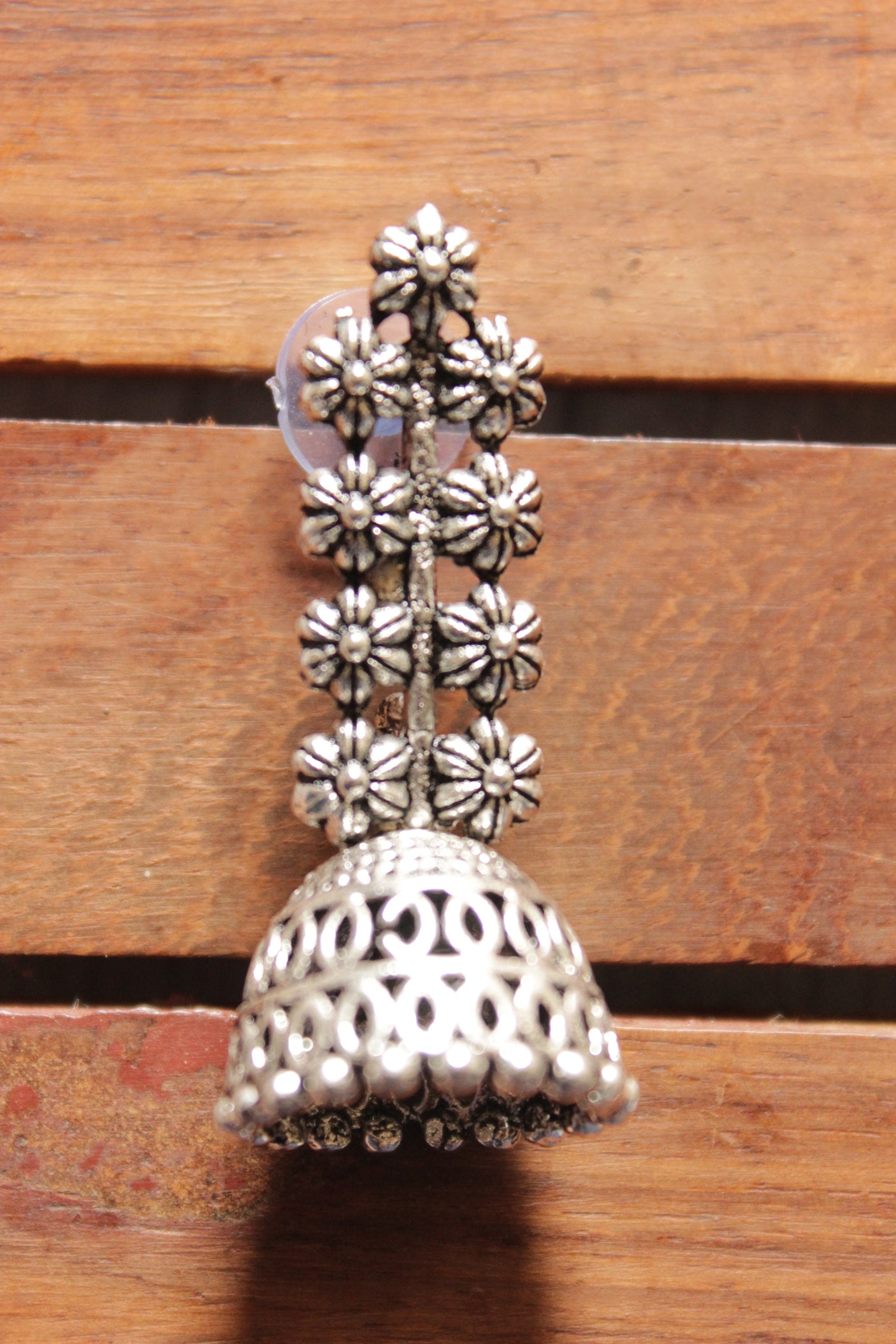 Premium Silver Finish Flower Motifs Jhumka Earrings