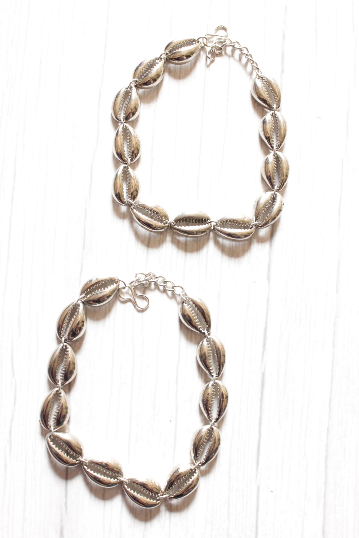 Silver Finish Shell Motif Charms Set of 2 Anklets