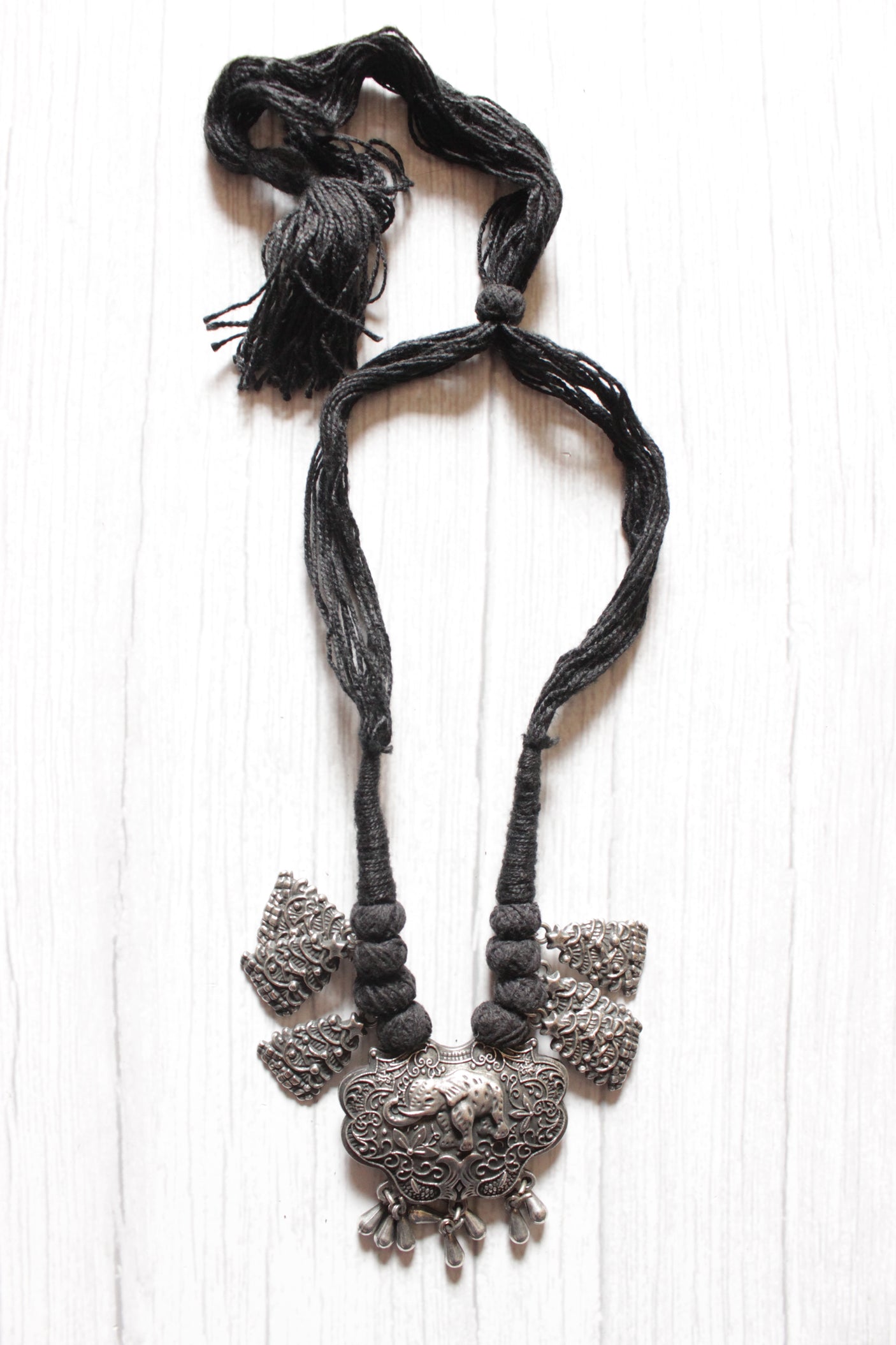 Elephant Motif Intricately Detailed Adjustable Thread Closure Premium Oxidised Finish Brass Necklace