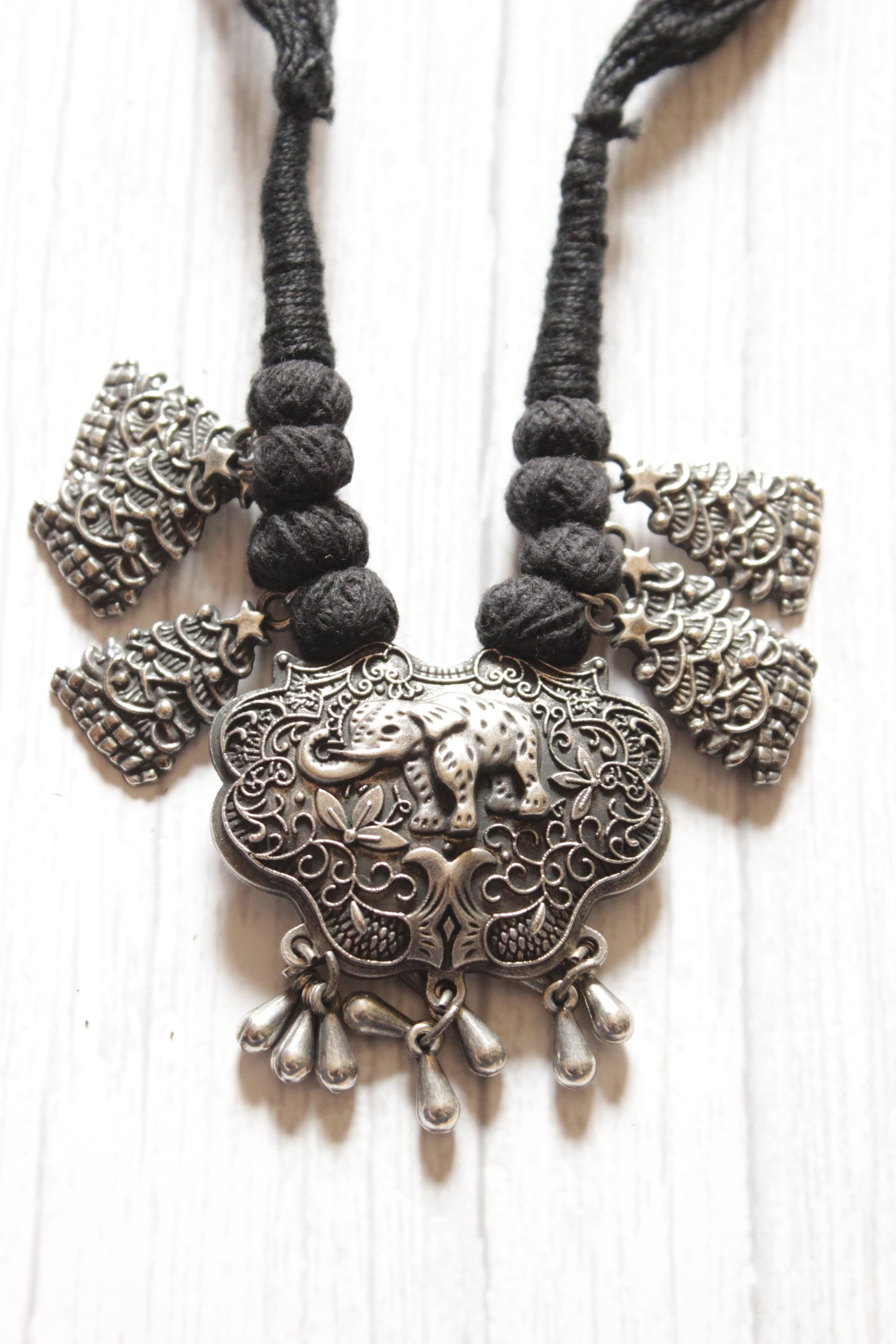 Elephant Motif Intricately Detailed Adjustable Thread Closure Premium Oxidised Finish Brass Necklace