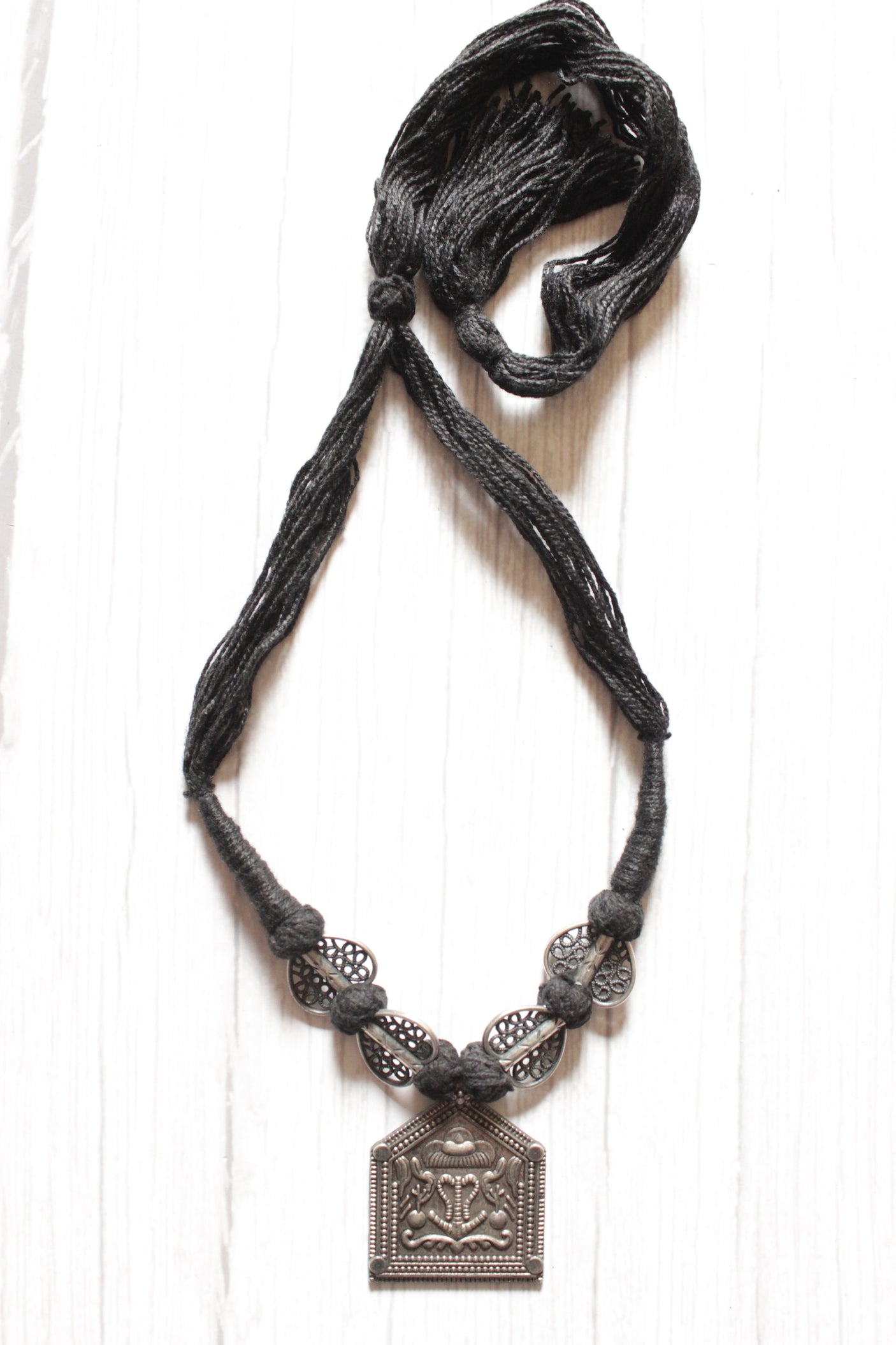 Abstract Motifs Elaborately Detailed Adjustable Thread Closure Premium Oxidised Finish Brass Necklace