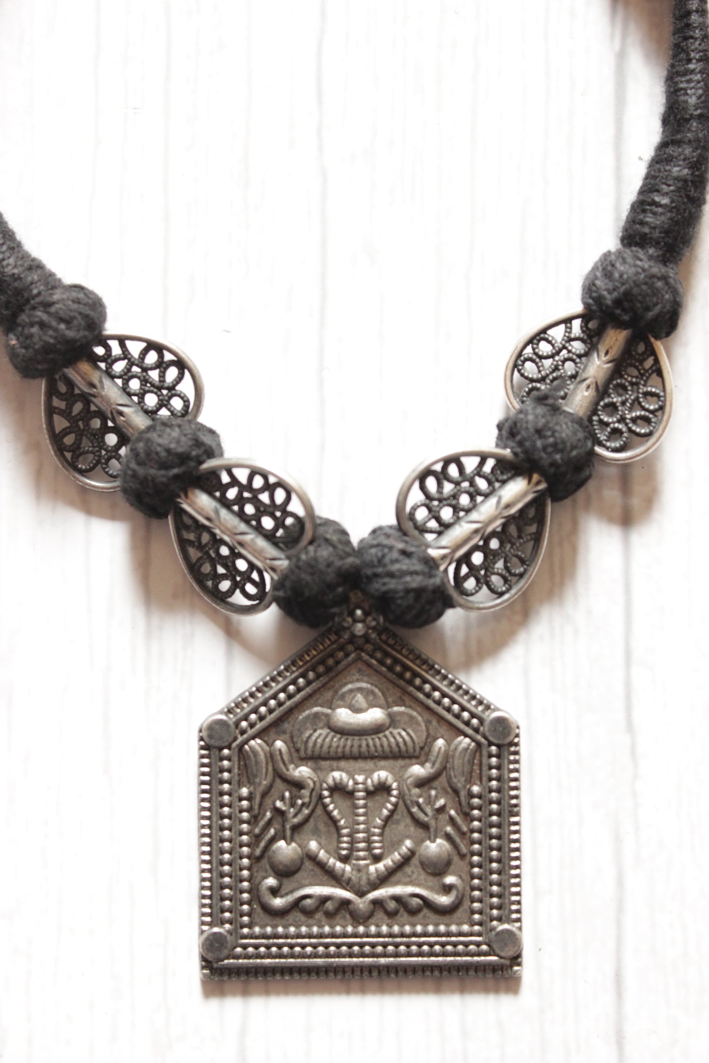 Abstract Motifs Elaborately Detailed Adjustable Thread Closure Premium Oxidised Finish Brass Necklace