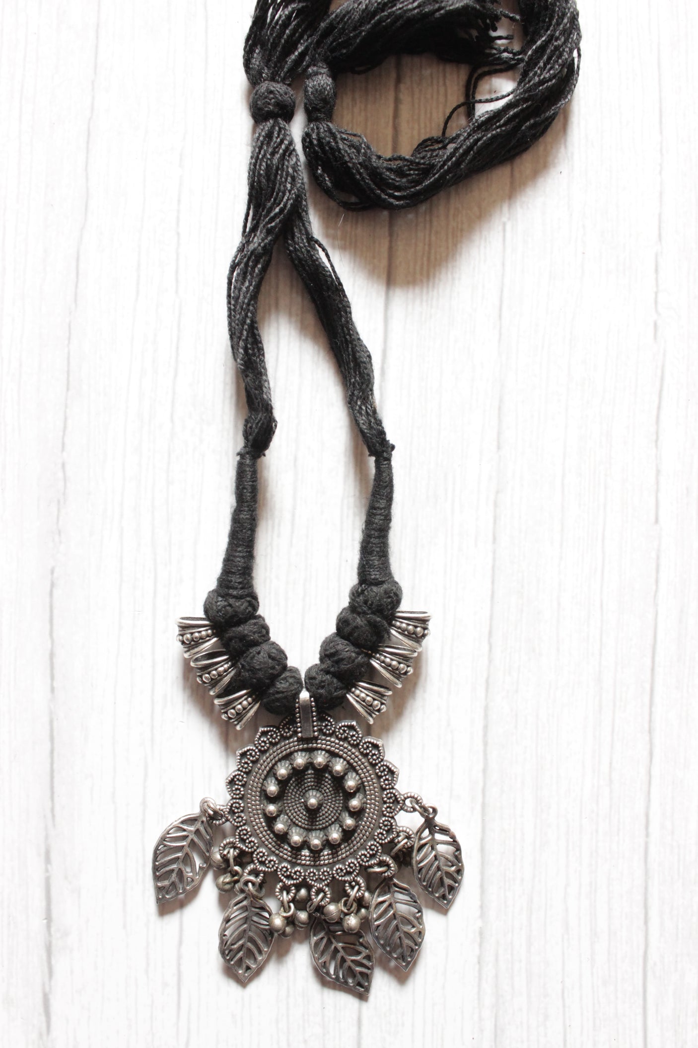 Leaf and Concentric Circles Elaborately Detailed Adjustable Thread Closure Premium Oxidised Finish Brass Necklace