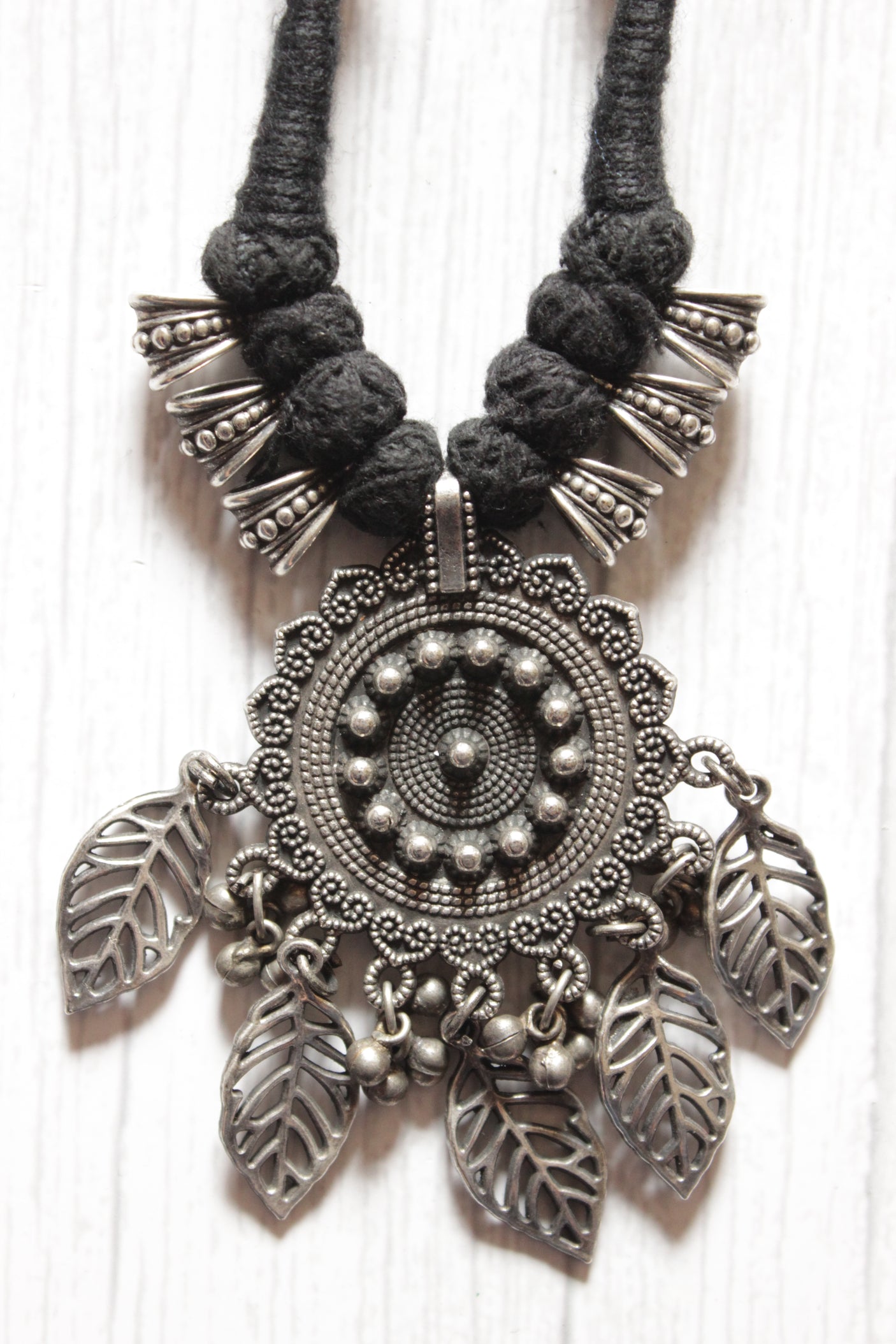 Leaf and Concentric Circles Elaborately Detailed Adjustable Thread Closure Premium Oxidised Finish Brass Necklace