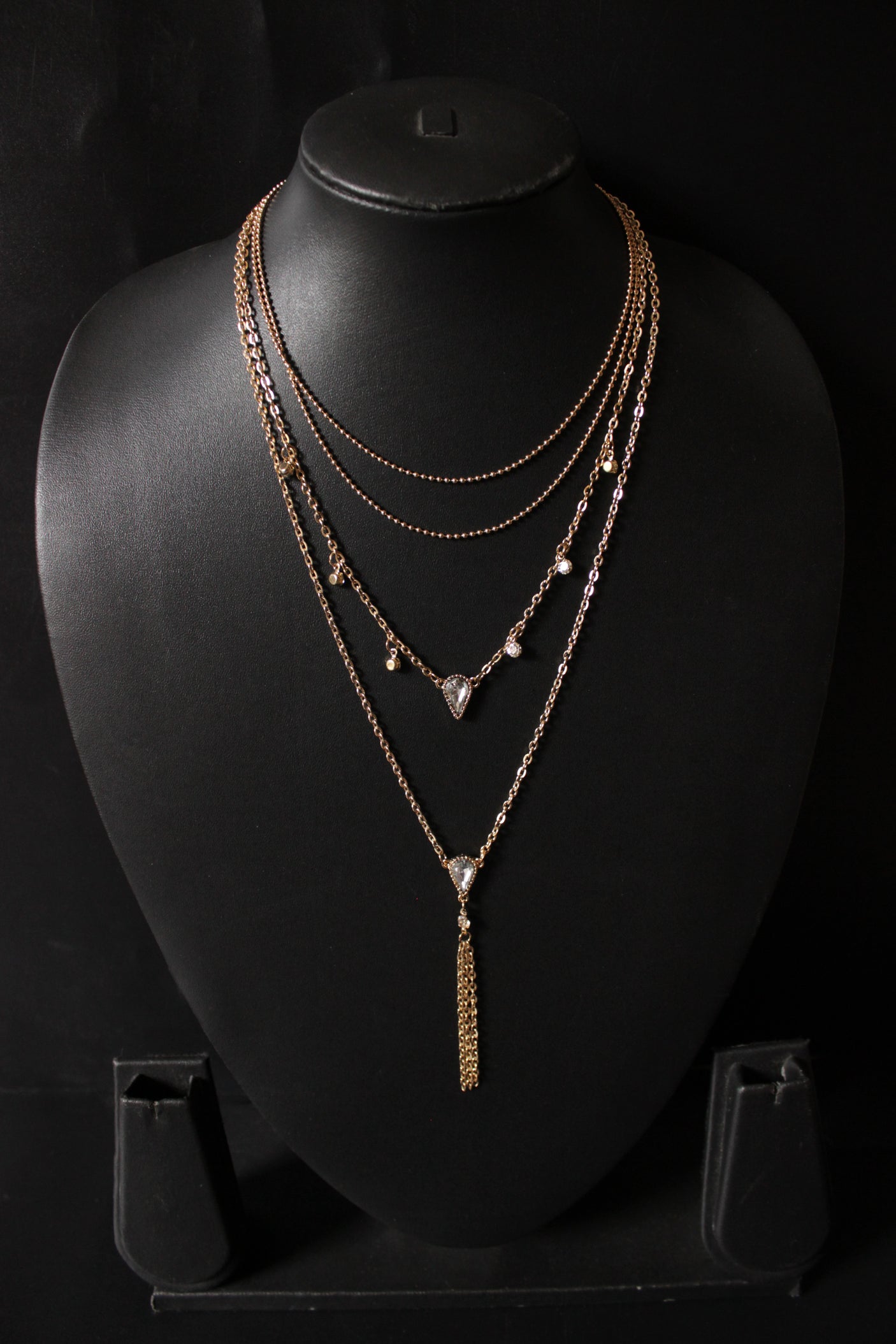 Crystal Gold Plated Multi Layers Long Chain Necklace
