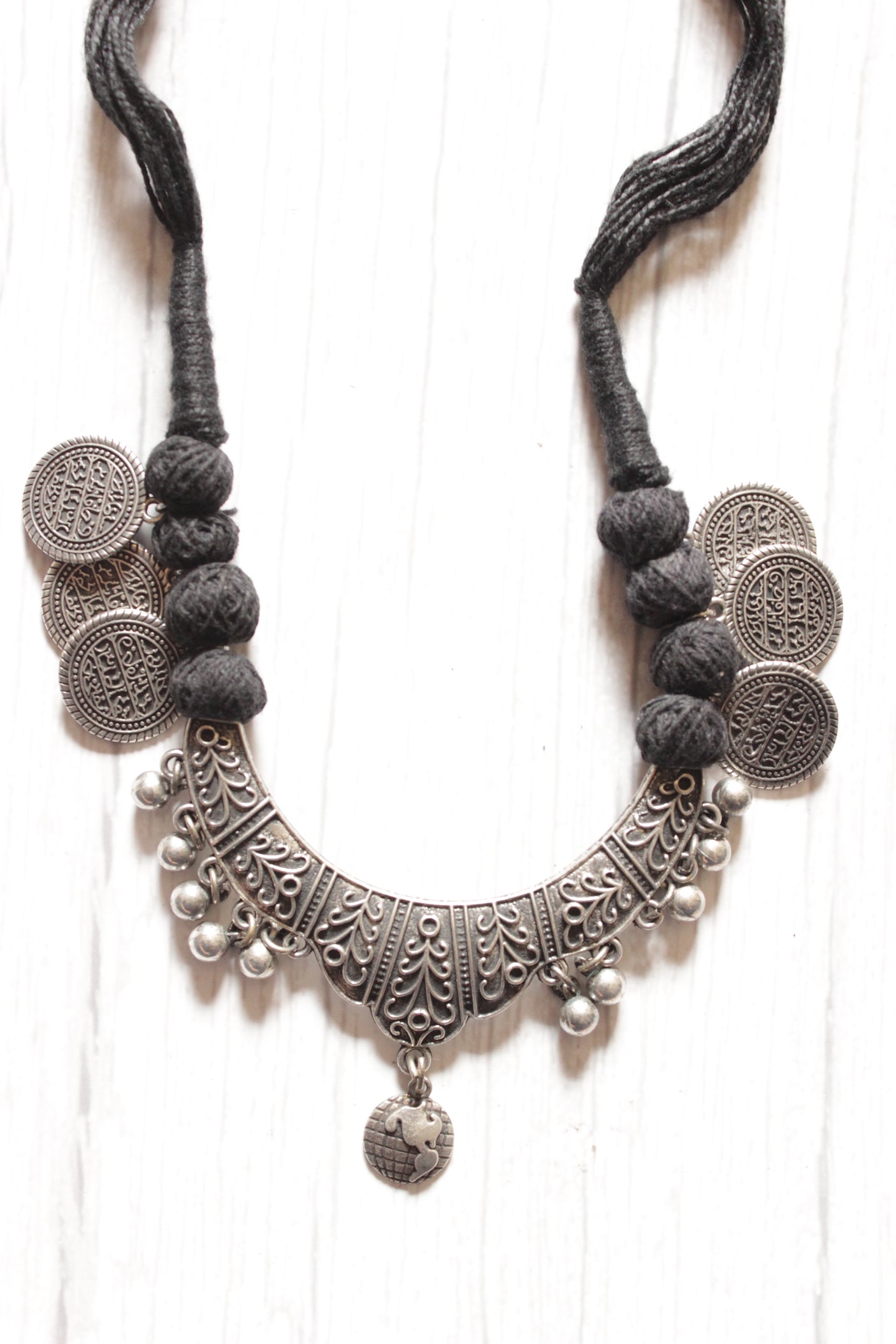 Hasli Style Elaborately Detailed Adjustable Thread Closure Premium Oxidised Finish Brass Necklace