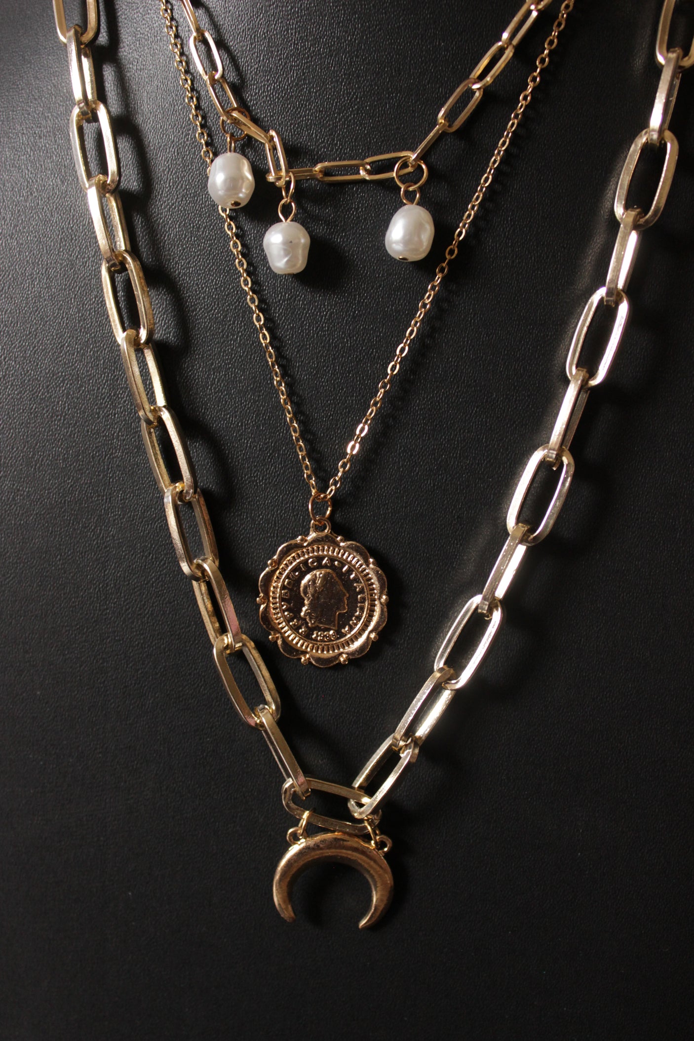 Half Moon Triple Layered Gold Plated Necklace