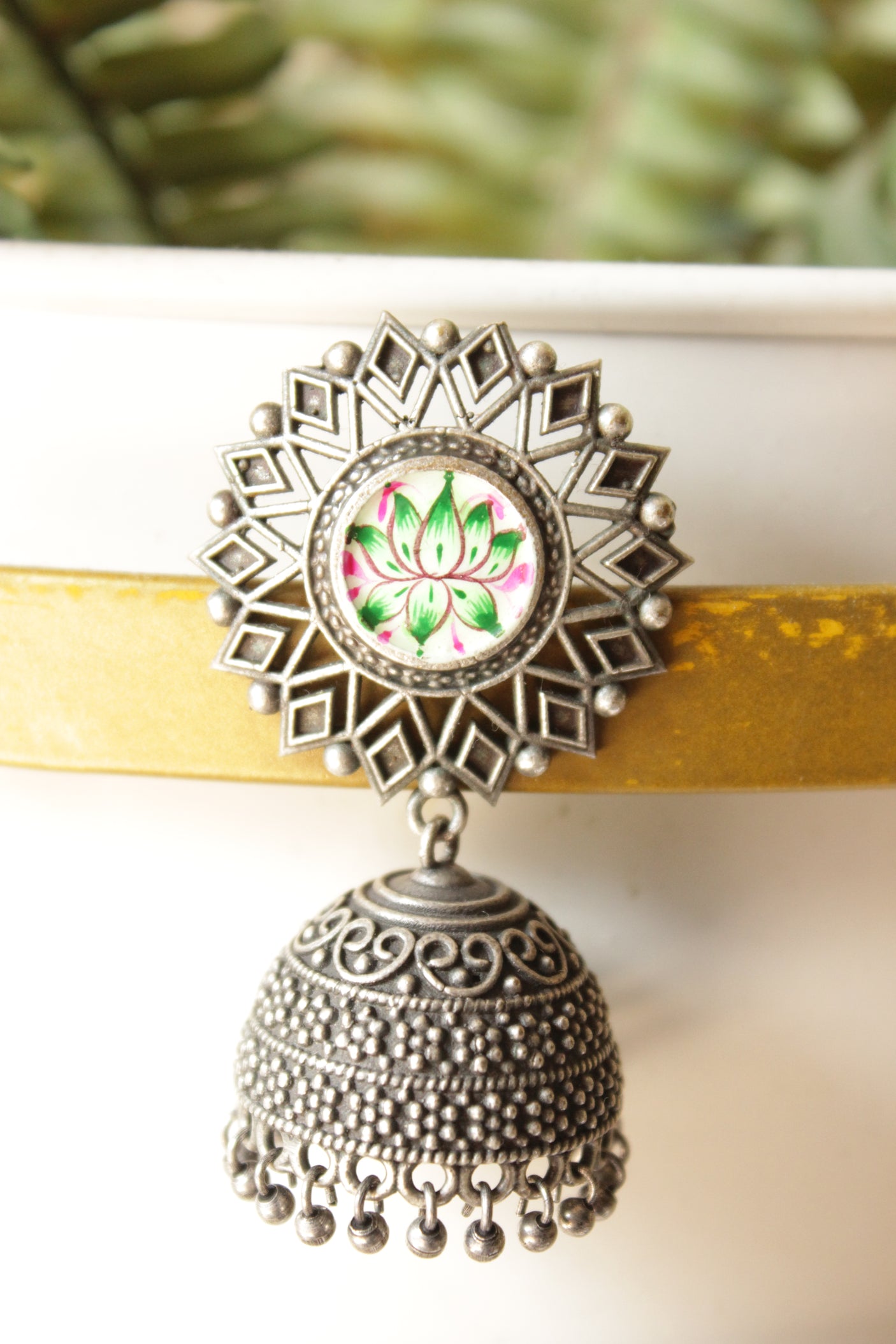 Hand Painted Lotus Flower Premium Oxidised Finish Brass Jhumka Earrings