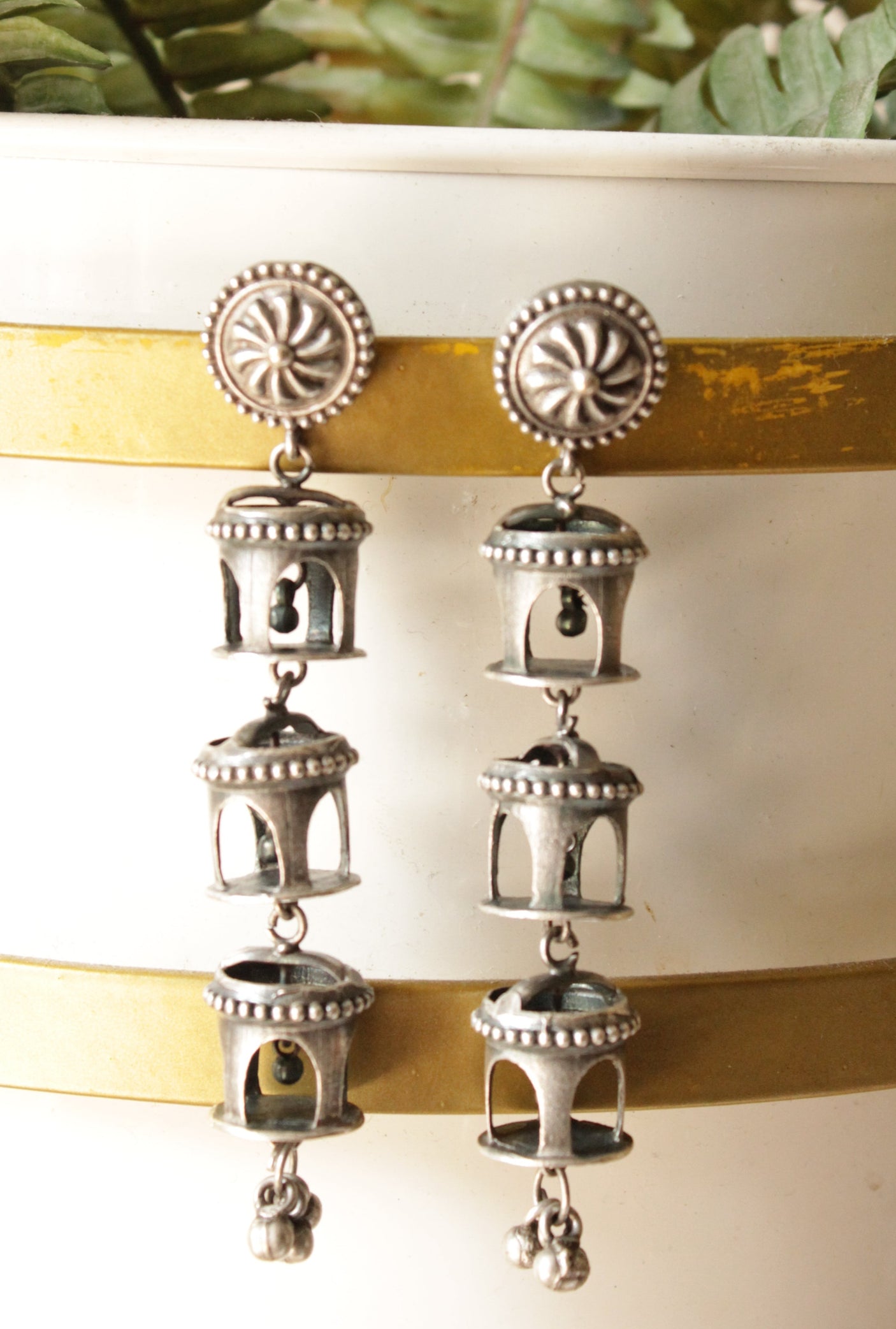 Oxidised Finish 3-Layer Brass Earrings Finished with Ghungroo Beads