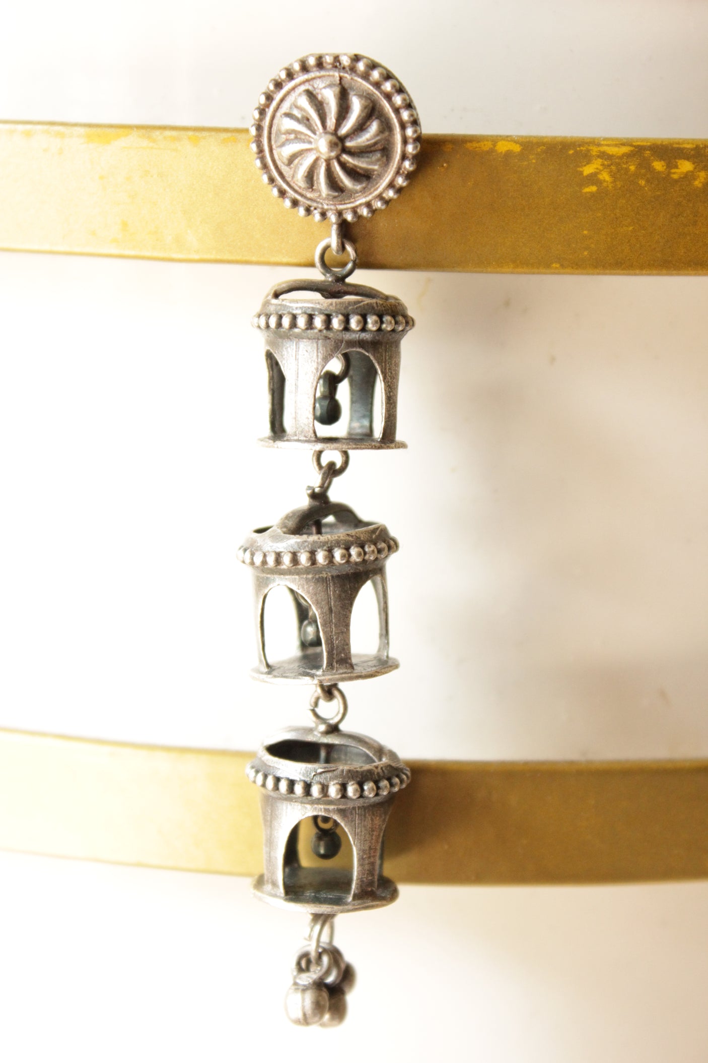 Oxidised Finish 3-Layer Brass Earrings Finished with Ghungroo Beads