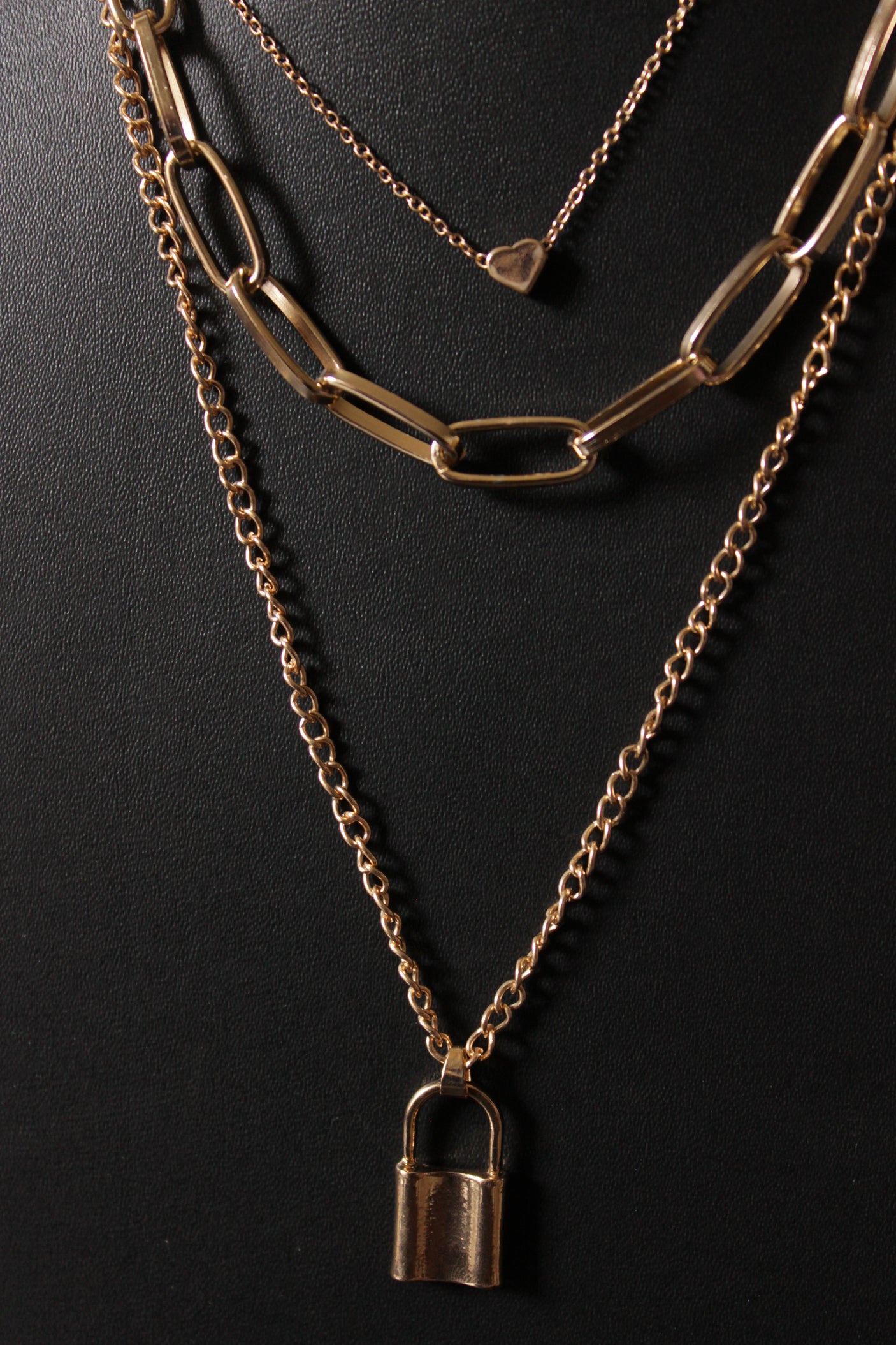 Gold Plated Lock and Chain Layered Necklace