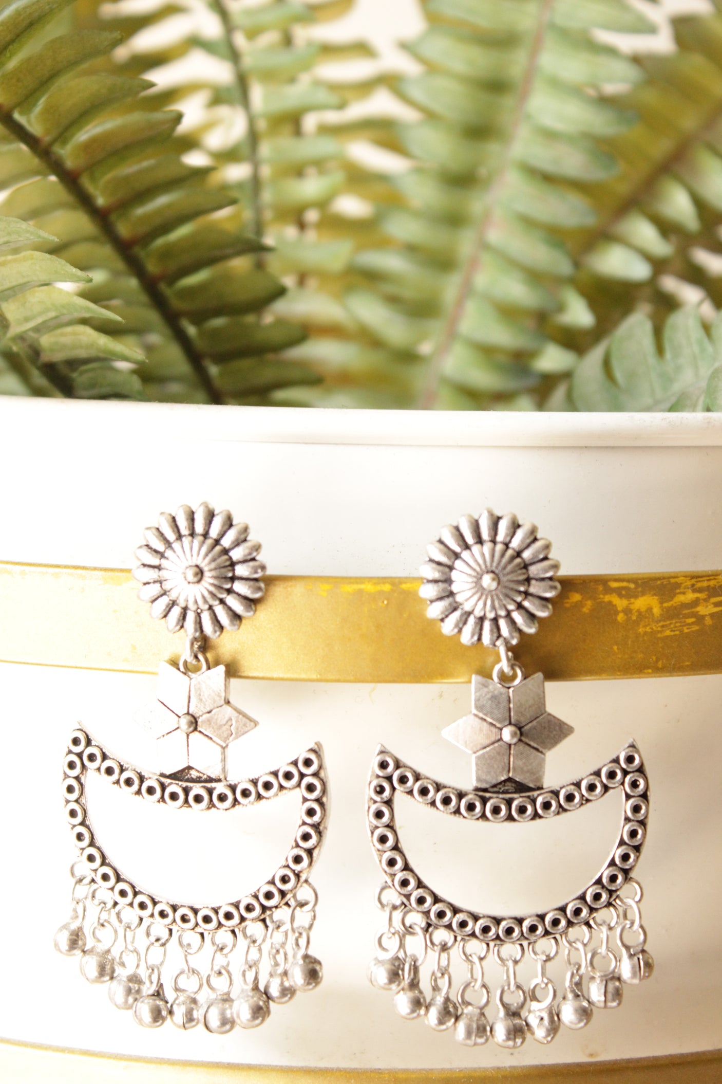 Half Moon Shaped Embedded Premium Silver Finish Brass Dangler Earrings