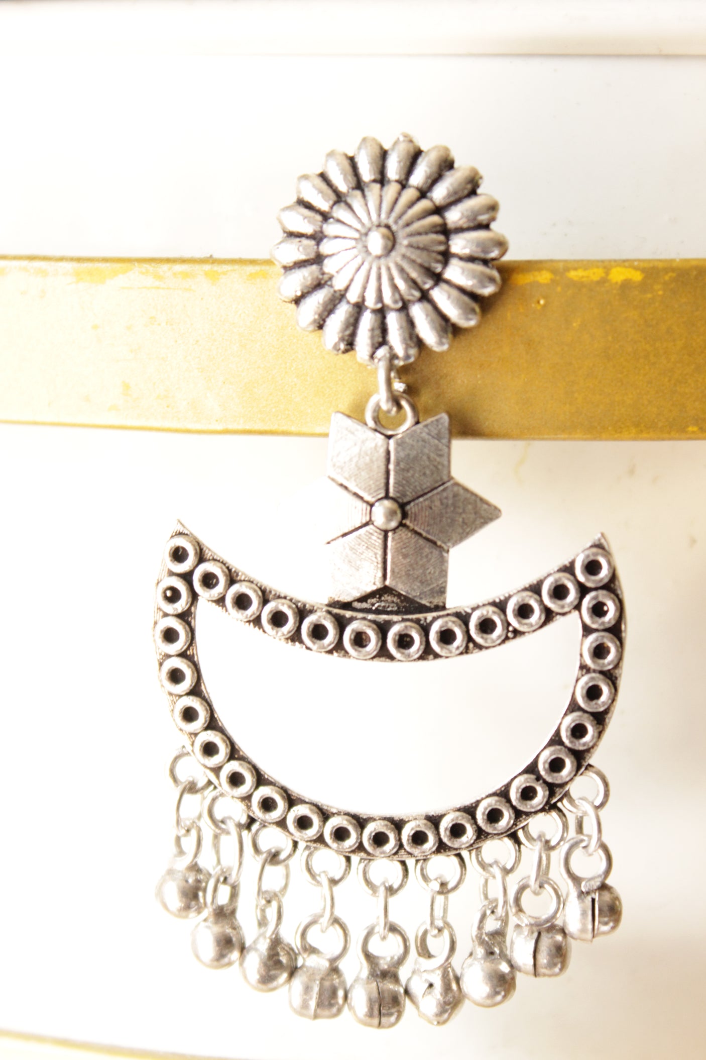 Half Moon Shaped Embedded Premium Silver Finish Brass Dangler Earrings