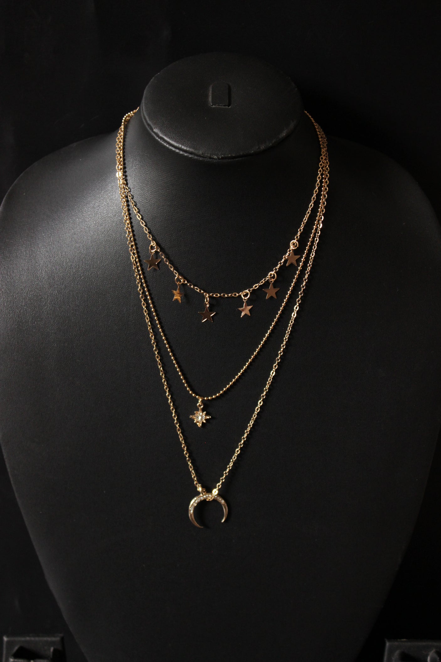 Half Moon Exquisite Charms Embellished Gold Plated Multi Strand Necklace