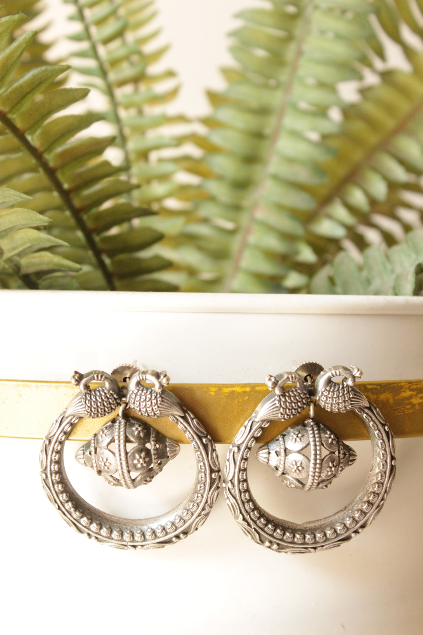 Intricately Detailed Circular Premium Oxidised Finish Brass Hoop Earrings