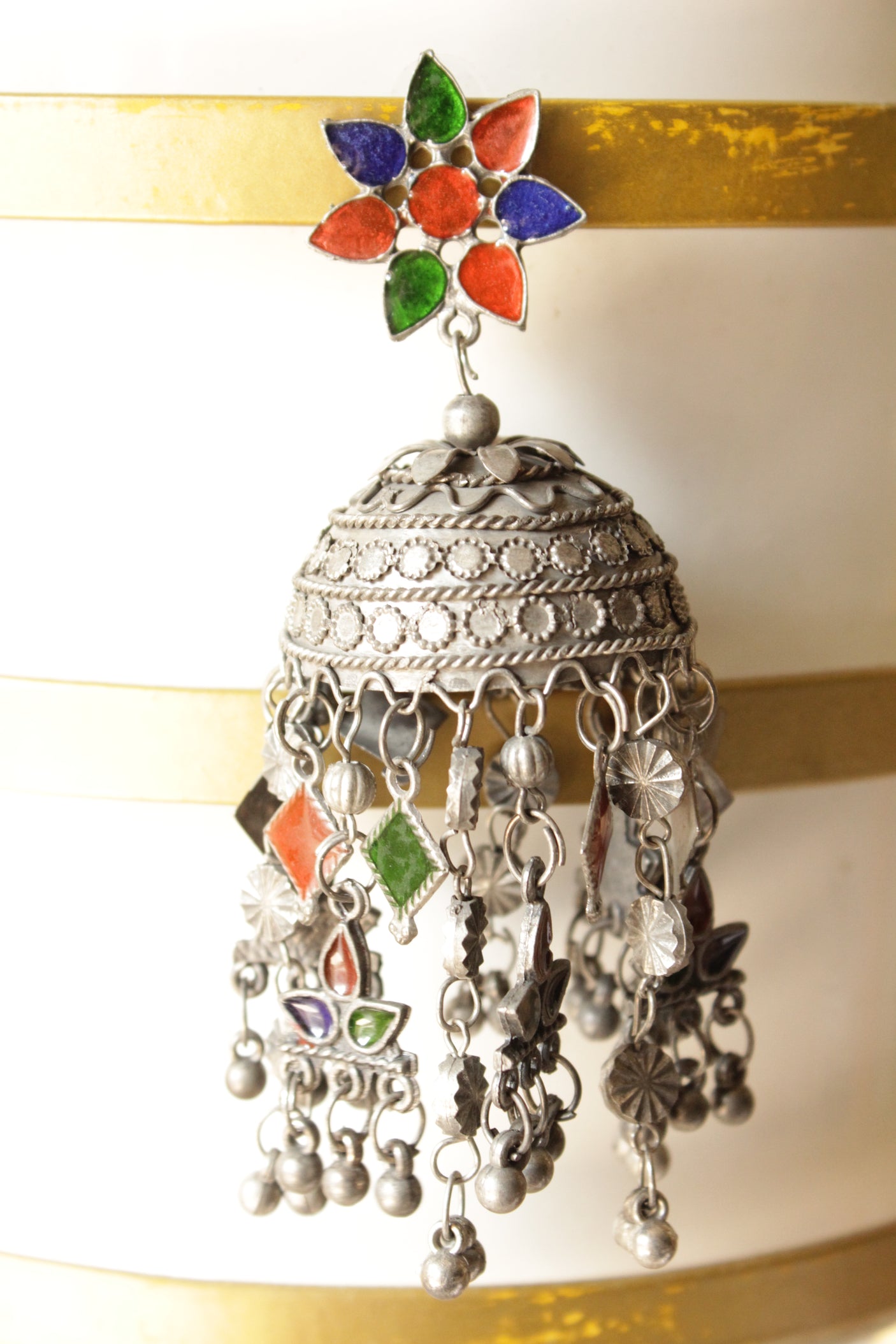 Multi-Color Acrylic Painted Oxidised Finish Afghani Jhumka Earrings with Multiple Charm Strings