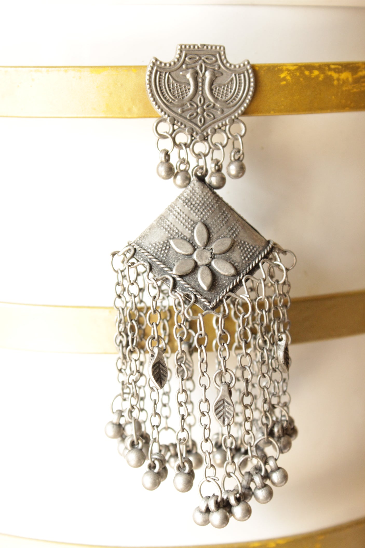 Multiple Chain Strings Oxidised Finish Long Dangler Earrings Accentuated with Ghungroo Beads