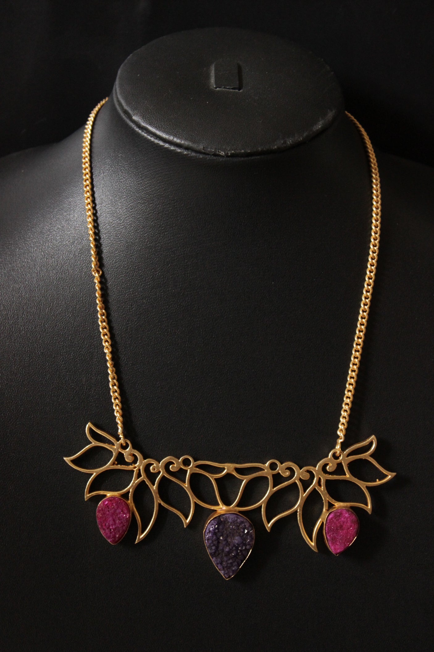 Purple Pink Sugar Druzy Natural Gemstone Gold Plated Necklace