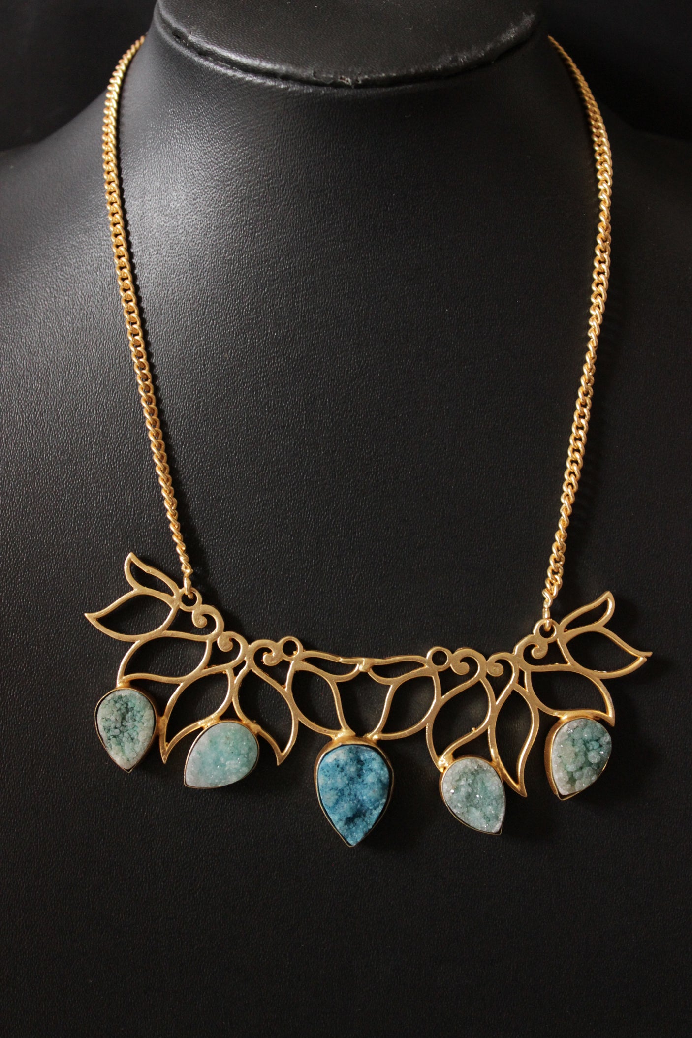 Green Druzy Natural Gemstone Gold Plated Necklace