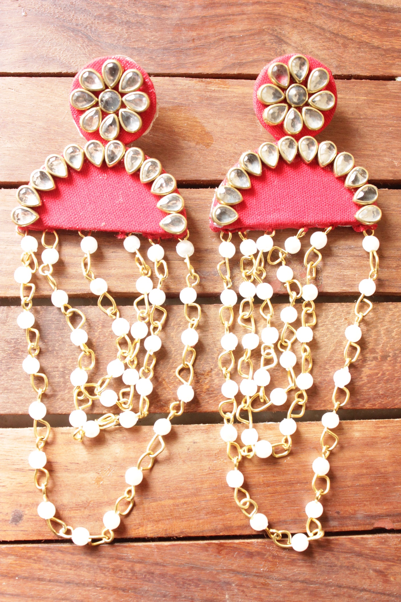 Kundan Stones Embellished Pink Fabric Earrings with Pearl Strings