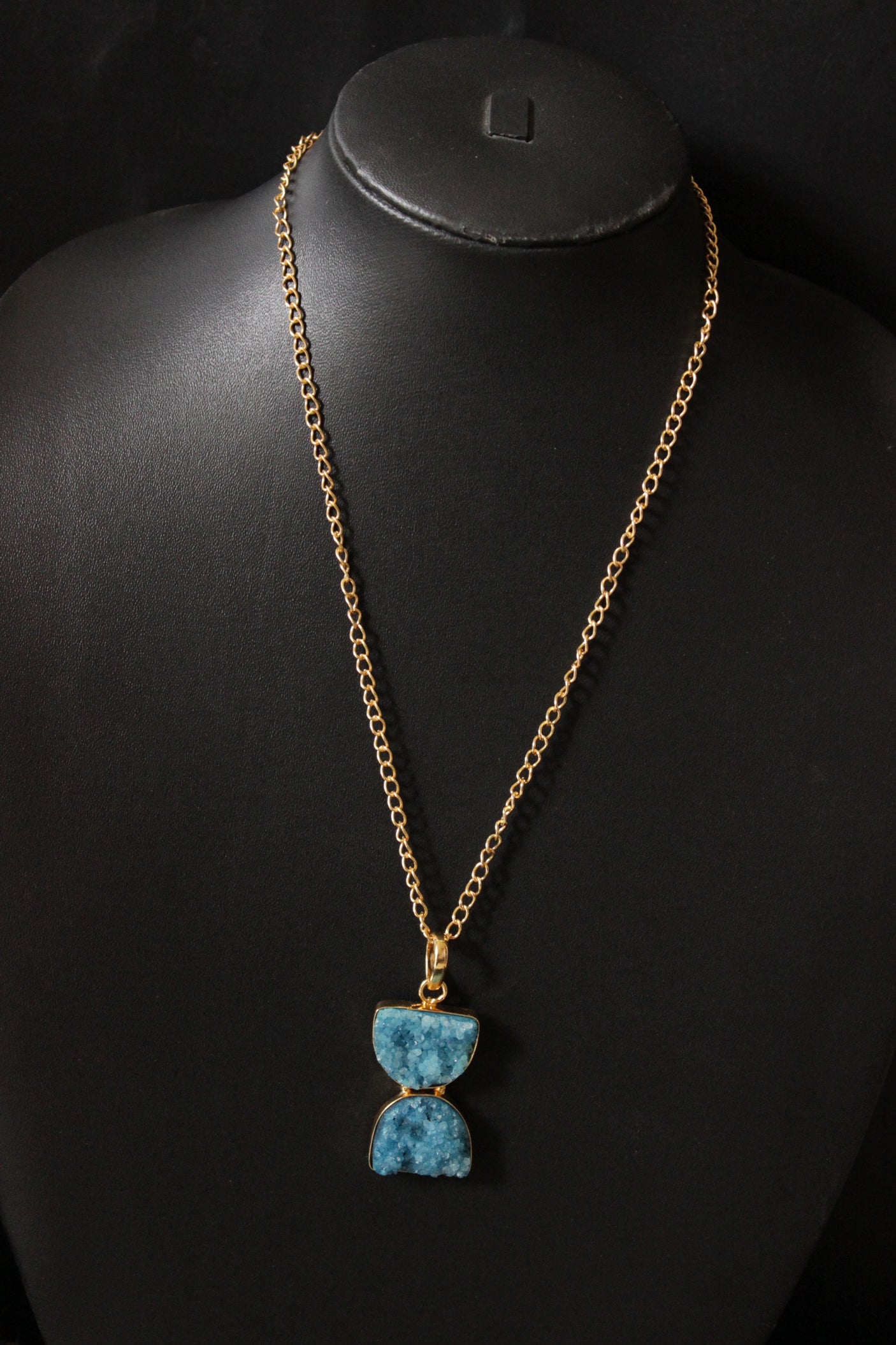 Sand Clock Inspired Sky Blue Sugar Druzy Gemstone Gold Plated Necklace