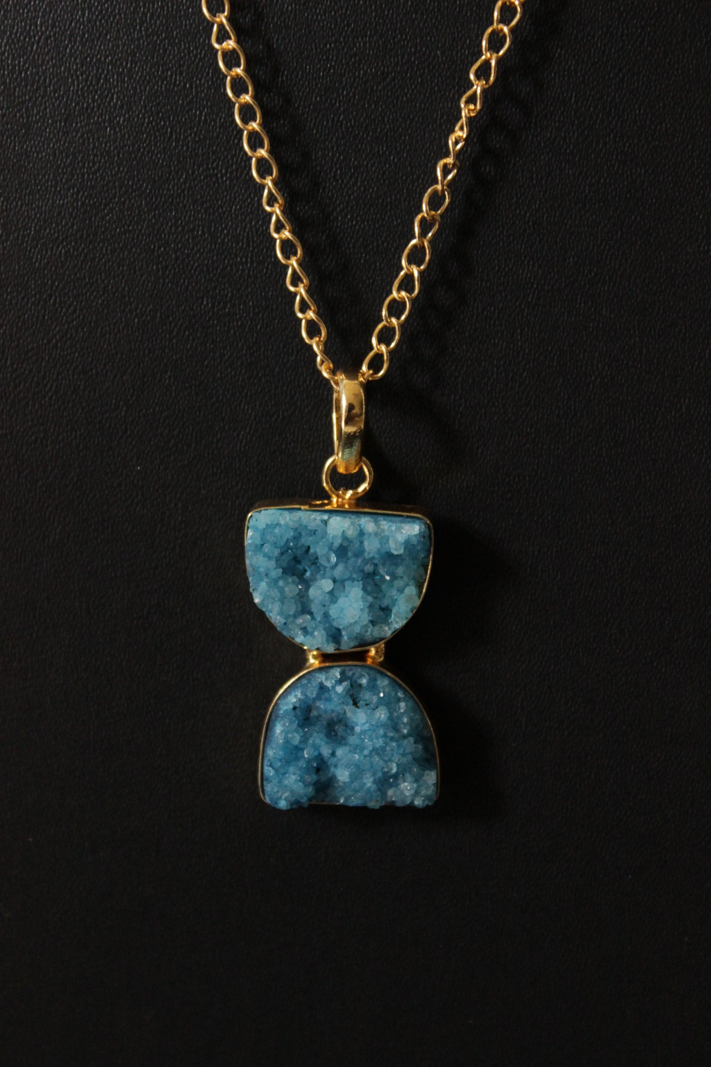Sand Clock Inspired Sky Blue Sugar Druzy Gemstone Gold Plated Necklace